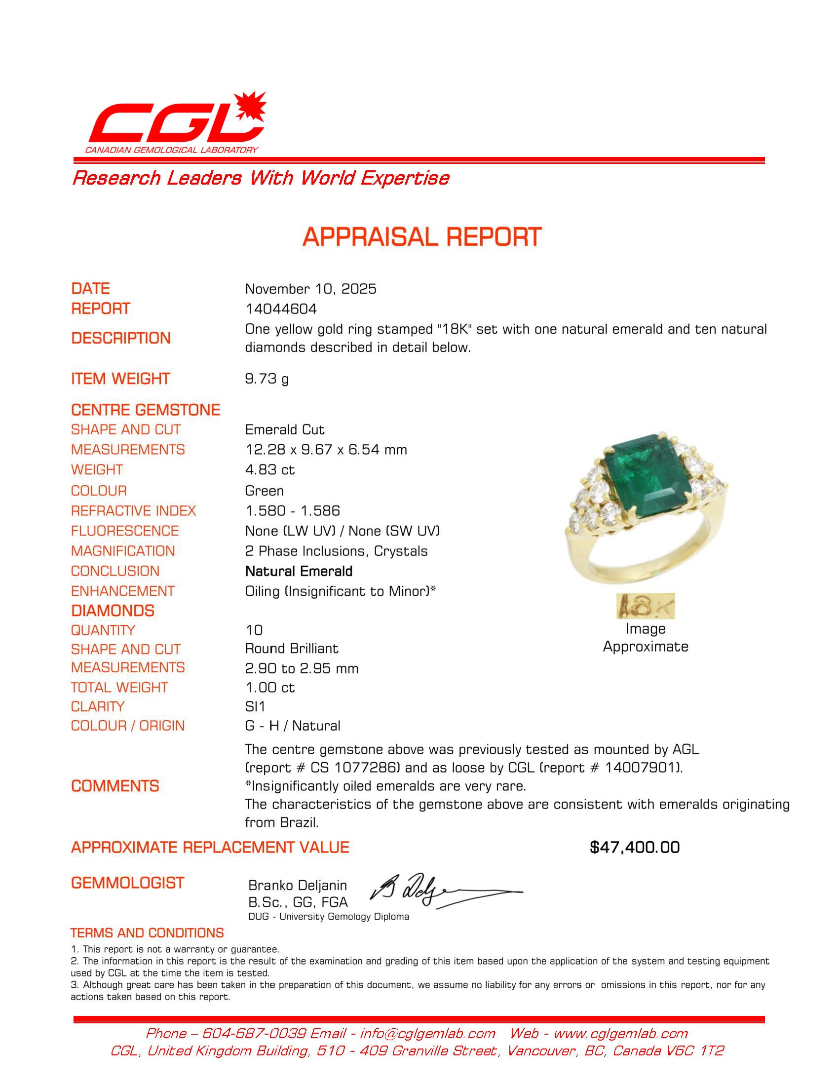 4.83ct AGL Brazilian Emerald & Diamond Ring | AGL 4.83ct | 1.00ctw | SZ 7