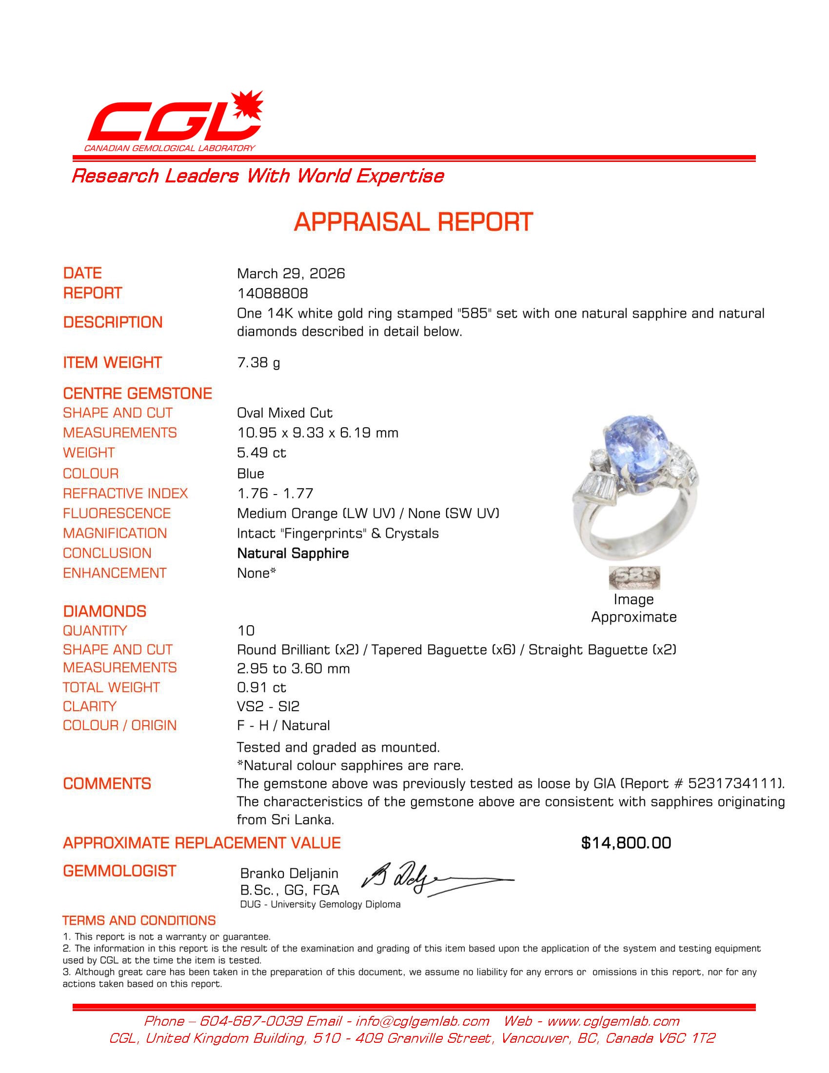 GIA Unheated Ceylon Sapphire & Diamond Ring | GIA 5.49ct, 0.91ctw | Sz 5