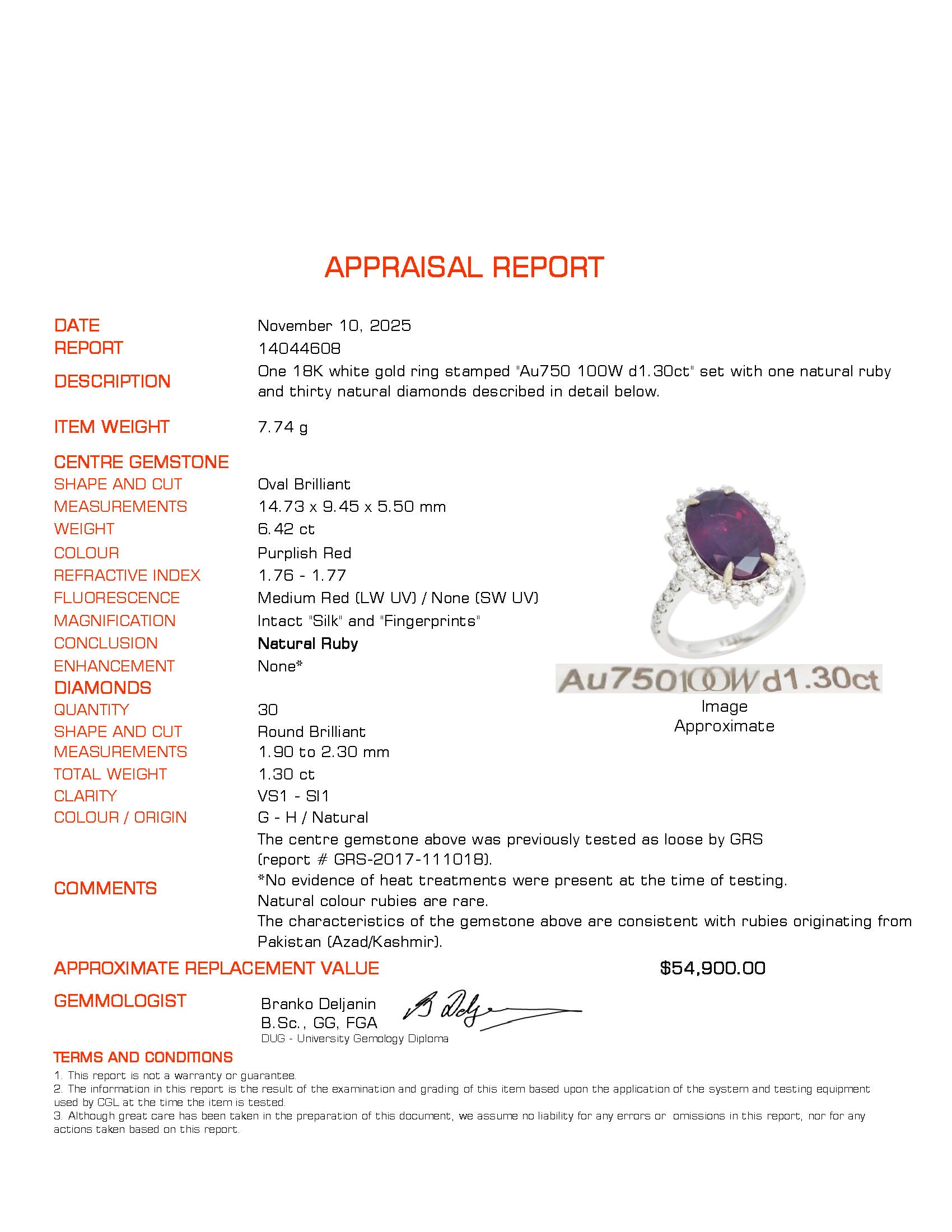 6.42ct GRS Unheated Kashmir Purplish-Red Ruby & Diamond Ring | GRS 6.42ct | 1.30ctw | SZ 6.75