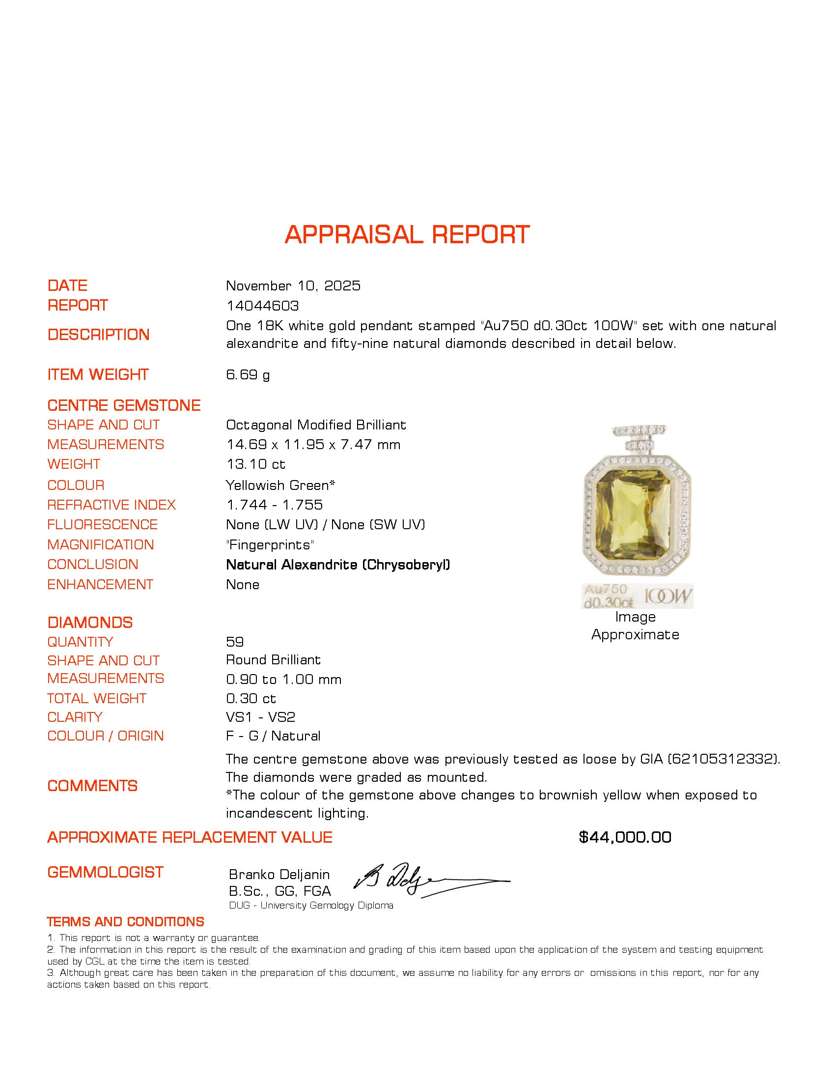 13.10ct GIA Untreated Alexandrite & Diamond Pendant | GIA 13.10ct | 0.30ctw