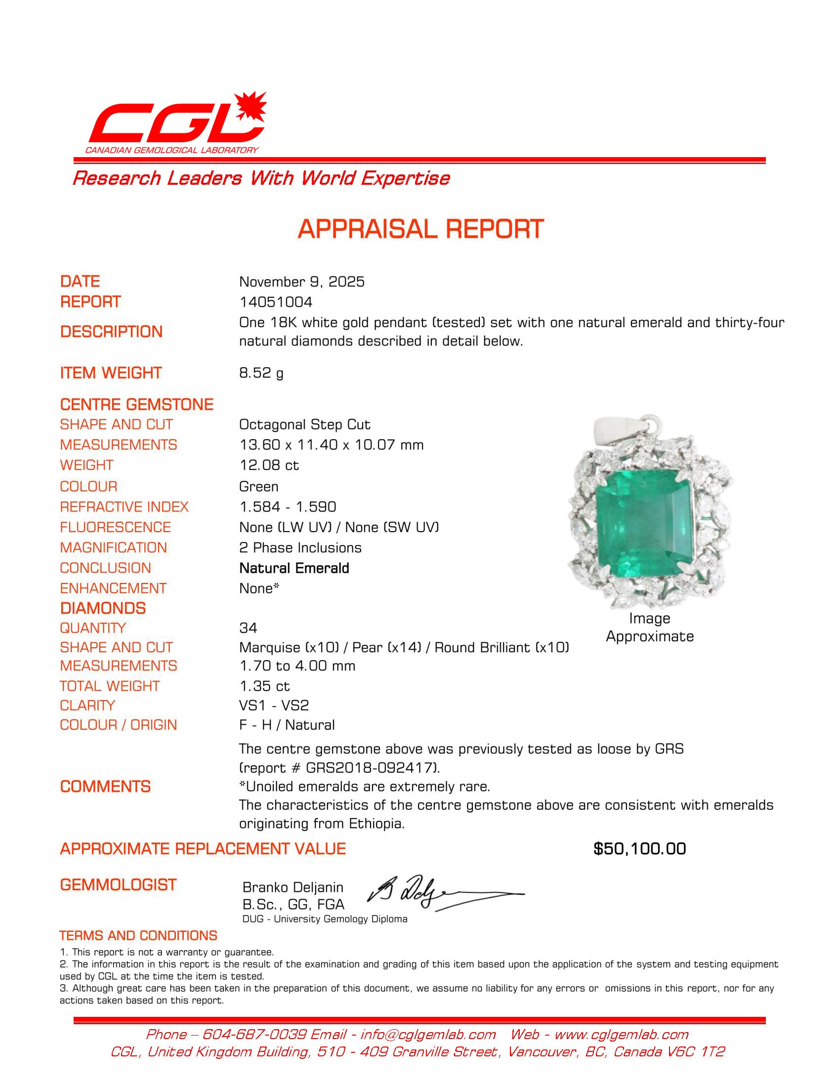 Pendentif émeraude 12,08 ct GRS sans huile et diamants | GRS 12,08 ct | 1,35 ct au total