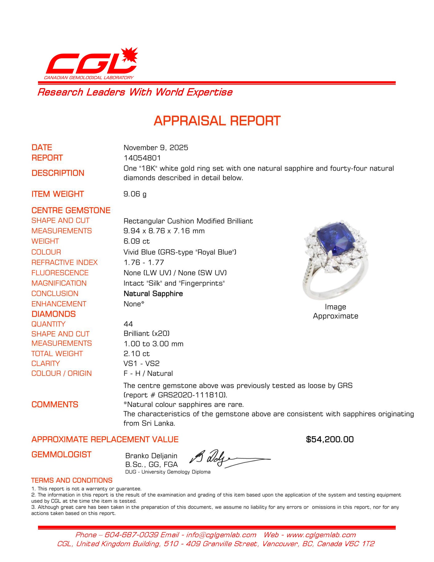 GRS Unheated Royal Blue Ceylon Sapphire & Diamond Ring | GRS 6.09ct, 2.10ctw | SZ 6.75