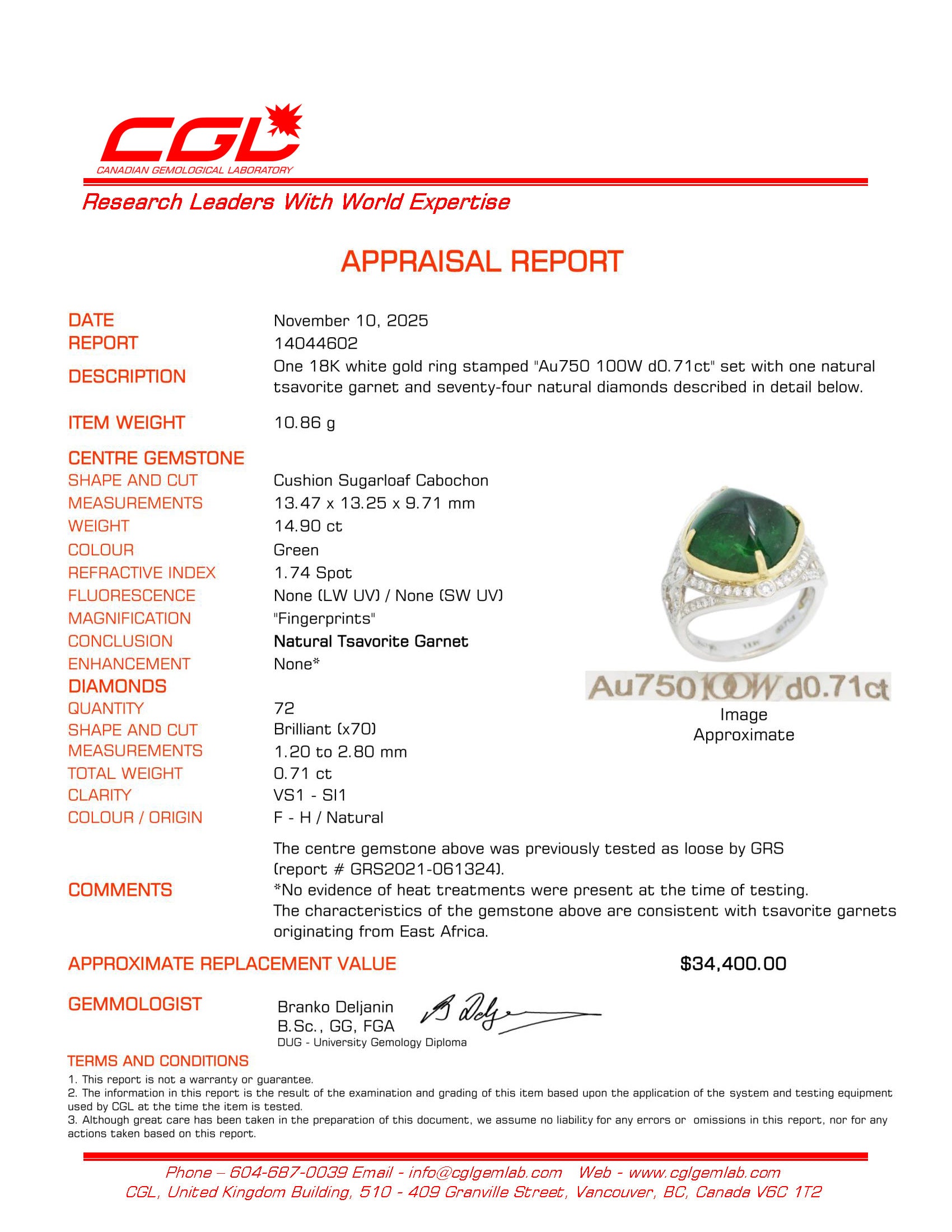 14.90ct GRS Untreated Sugerloaf Tsavorite Garnet & Diamond Ring | GRS 14.90ct | 0.71ctw | SZ 7