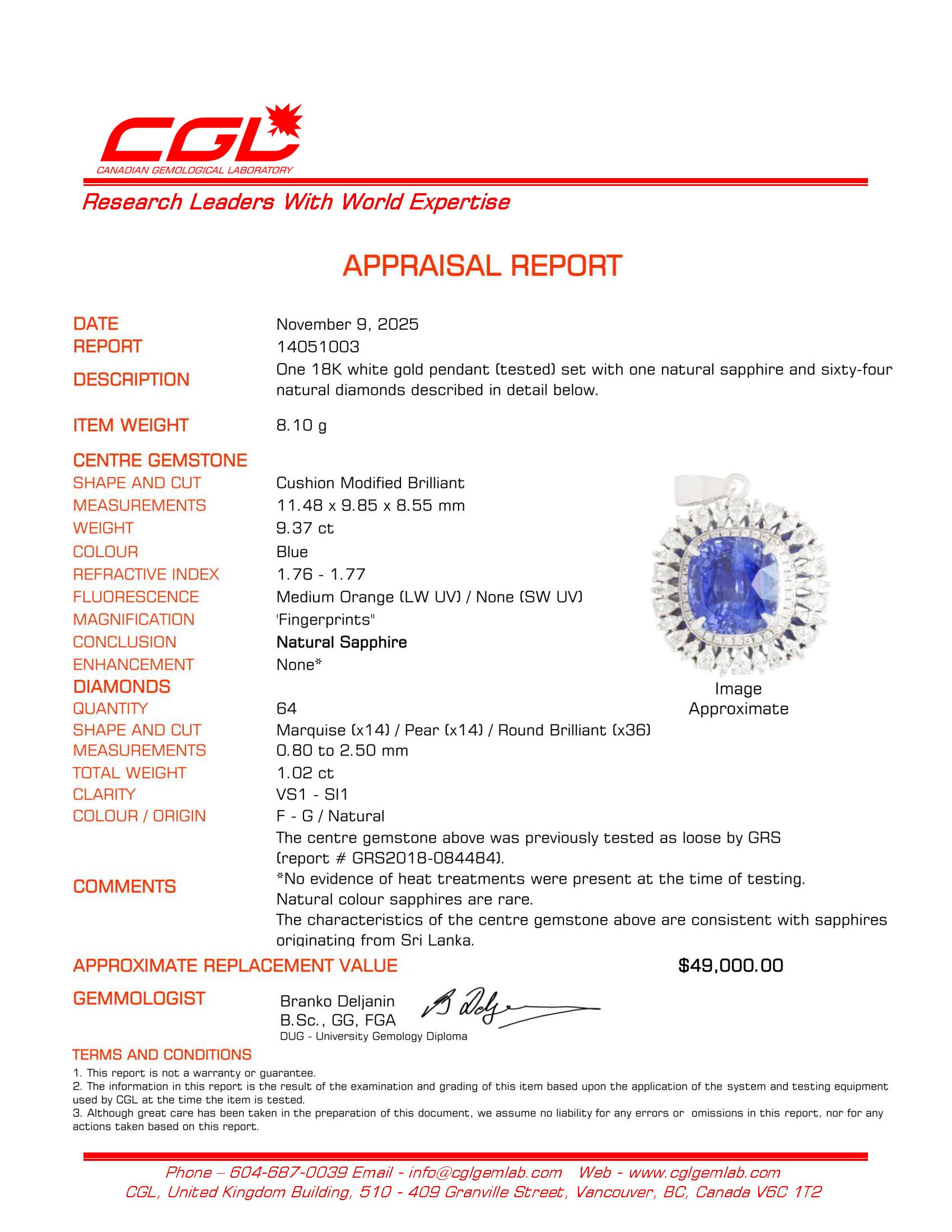 9.37ct GRS Unheated Ceylon Sapphire & Diamond Halo Pendant | GRS 9.37ct | 1.02ctw