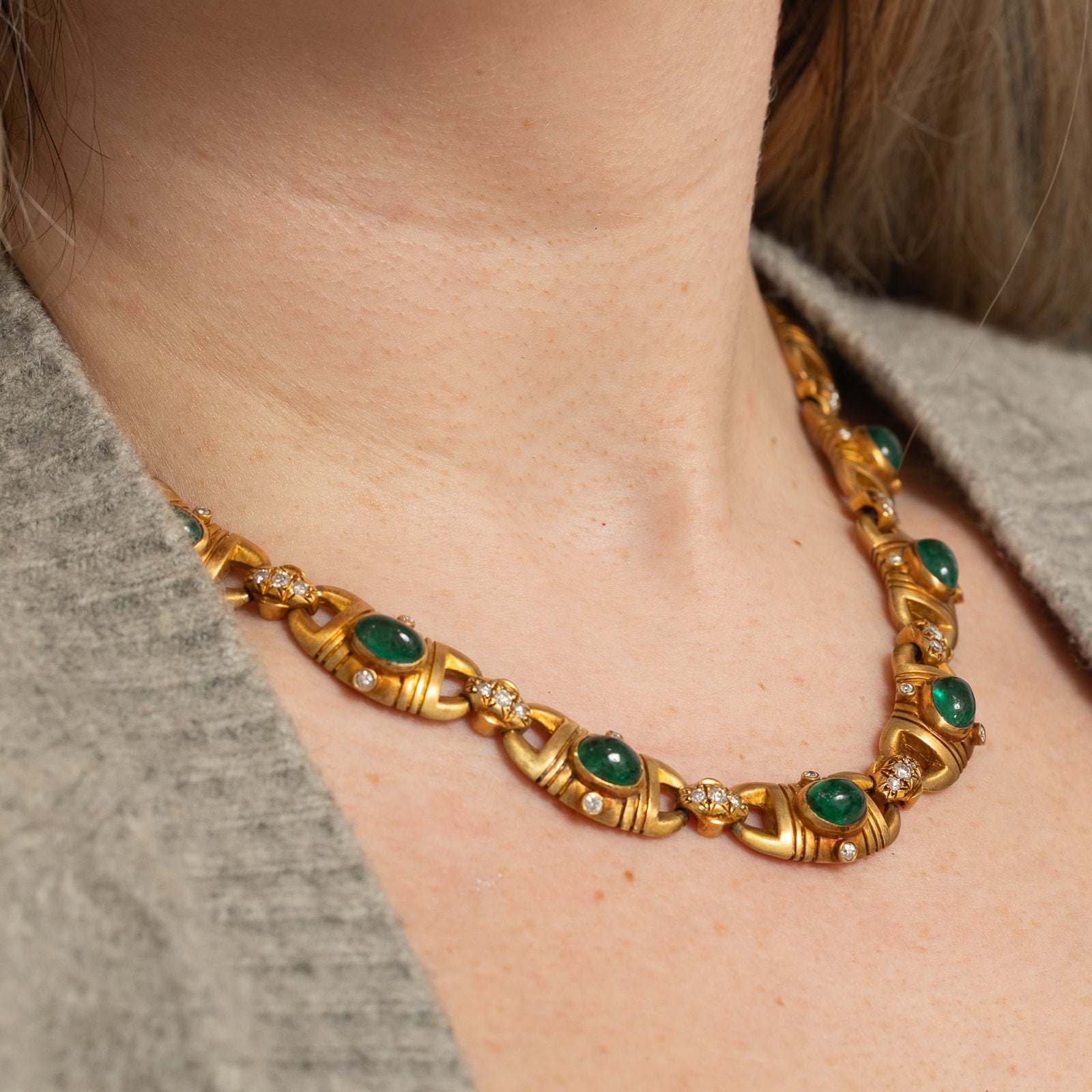 18k Vintage Retro Emerald & Diamond Heavy Solid Necklace | 13.78ctw, 1.76ctw | 16"