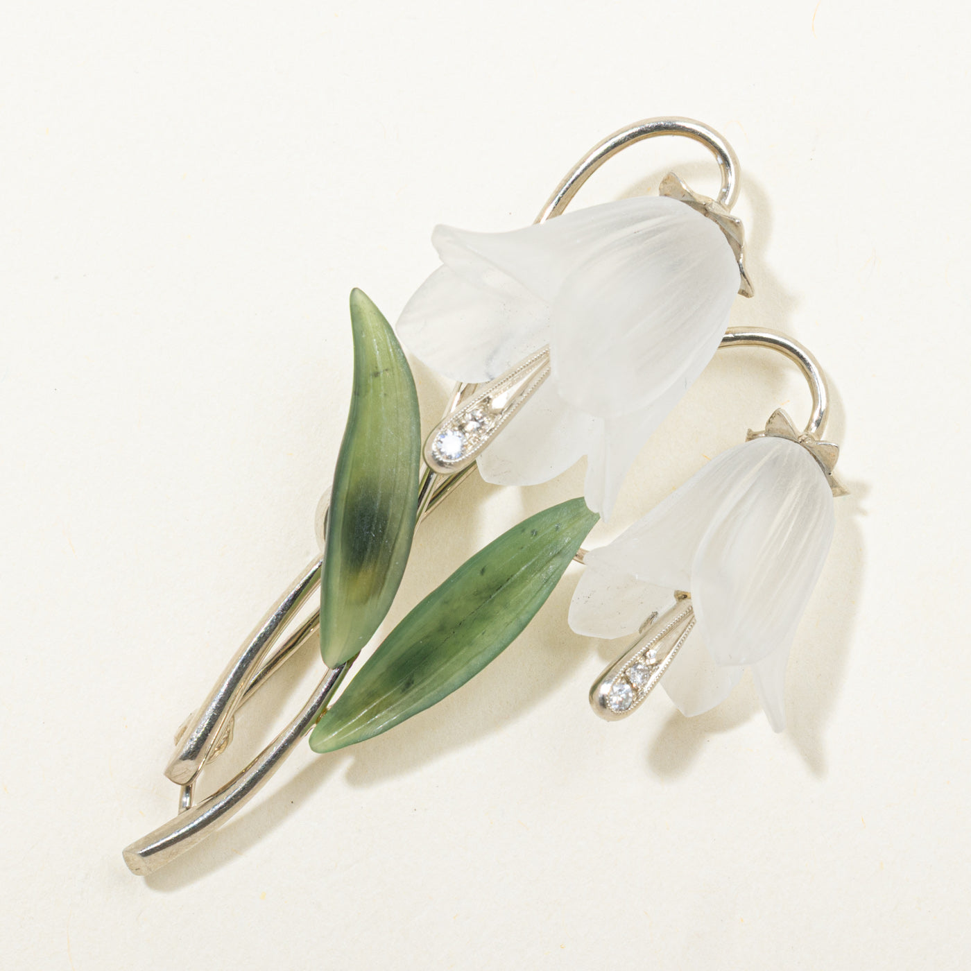 Late Art Deco Snowdrops Quartz, Nephrite Jade & Diamond Brooch | 0.07ctw