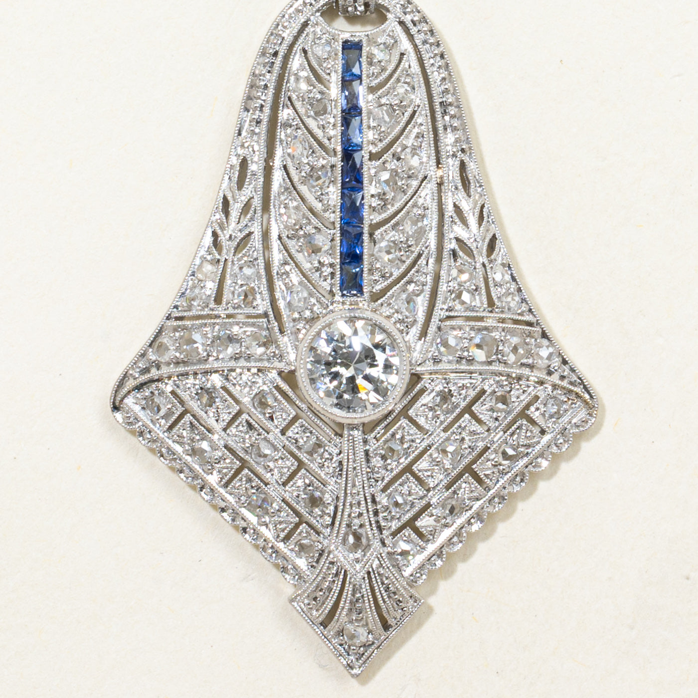 Late Art Deco Diamond & Sapphire Ornate Pendant | 0.72ctw, 0.18ctw