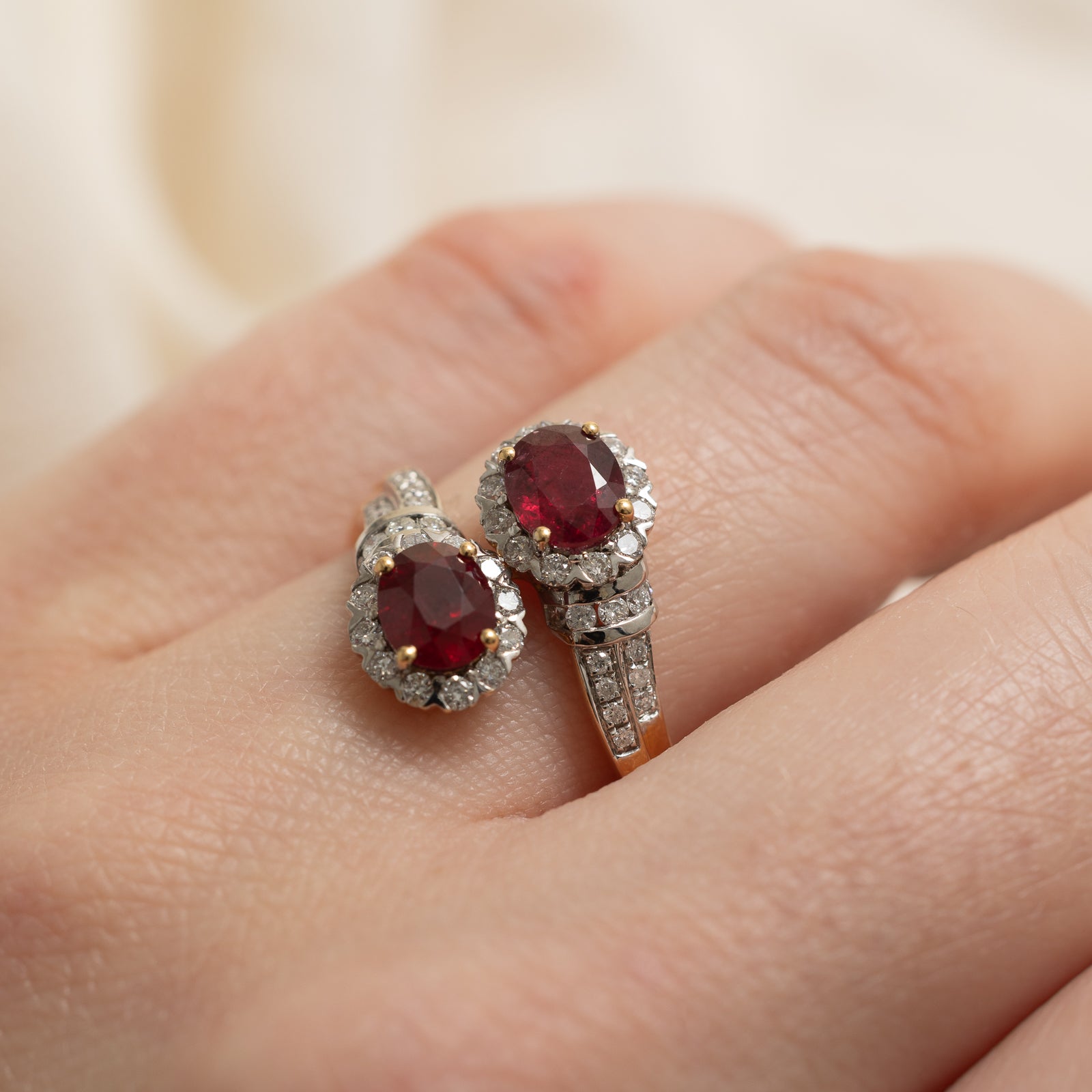 18k Toi et Moi Vivid Red Ruby & Diamond Bypass Ring | 1.80ctw, 0.66ctw | SZ 6.5