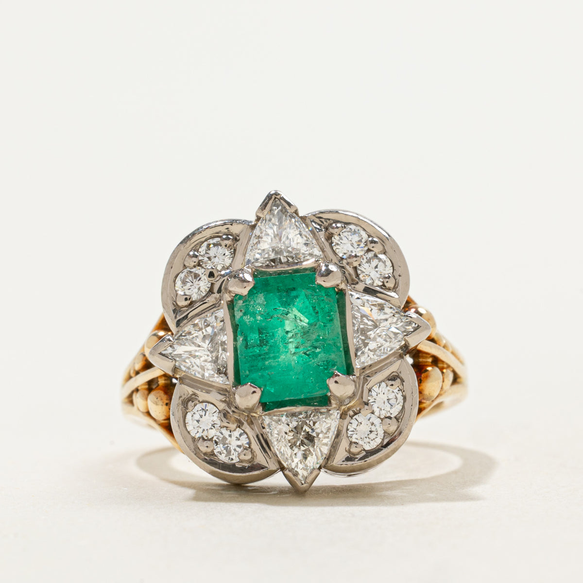 Vintage Emerald & Diamond Accented Cocktail Ring | 1.15ct, 0.72ctw, 0.24ctw | Sz 5.5