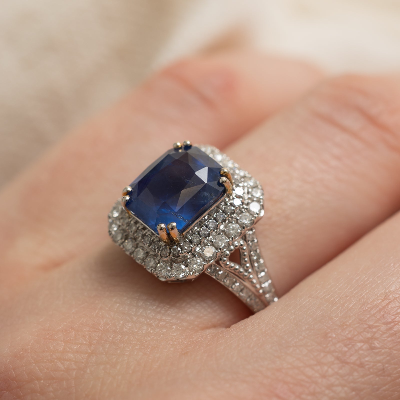 GRS Unheated Intense Cornflower Blue Sapphire & Diamond Halo Cocktail Ring | 4.25ct | 0.72ctw | SZ 6.75