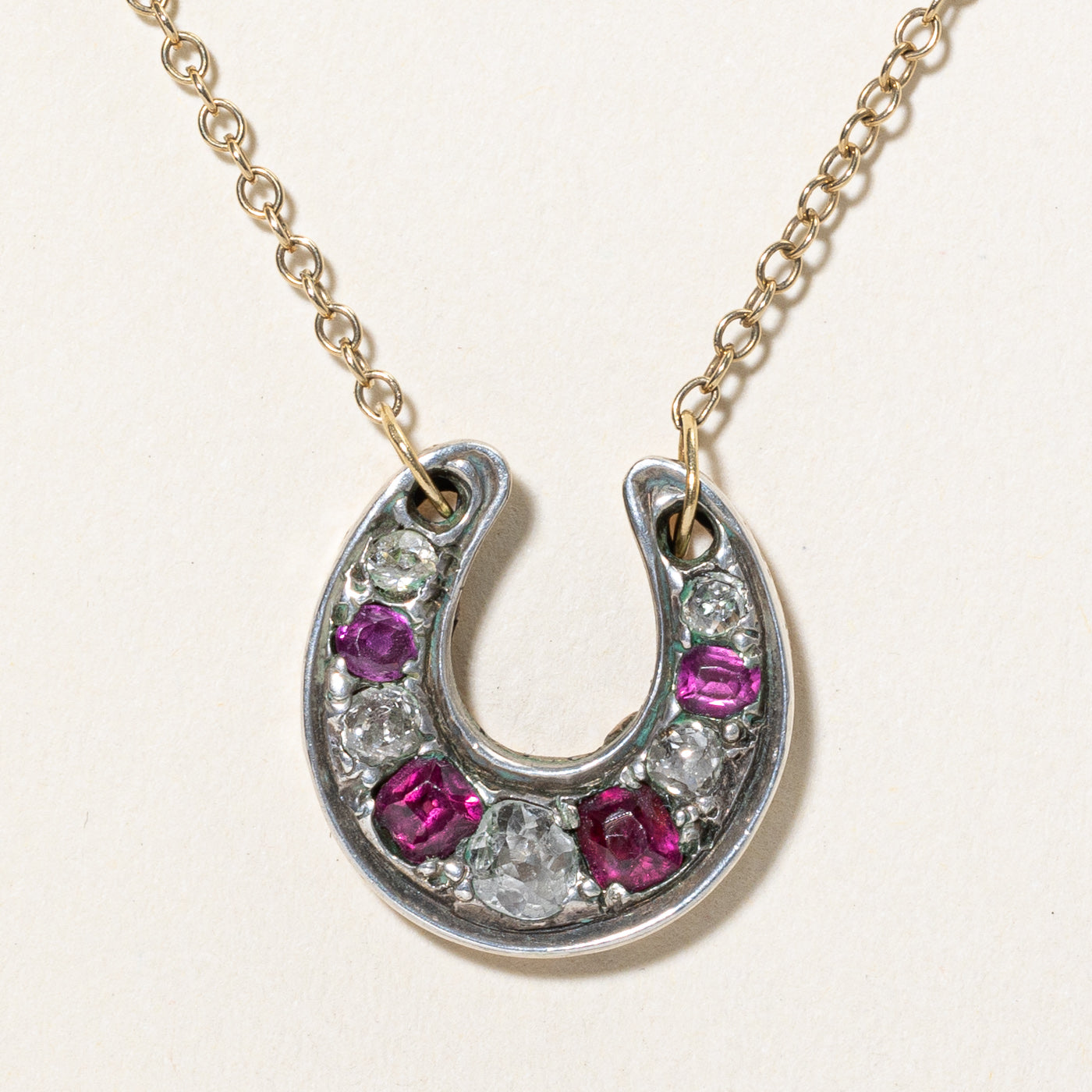Victorian Ruby, Garnet & Diamond horseshoe conversion necklace | 1.00ctw, 0.47ctw | 20.5"