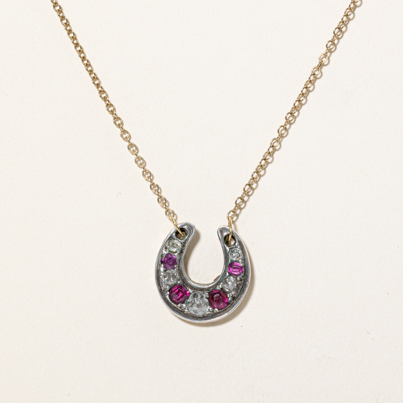 Victorian Ruby, Garnet & Diamond horseshoe conversion necklace | 1.00ctw, 0.47ctw | 20.5"