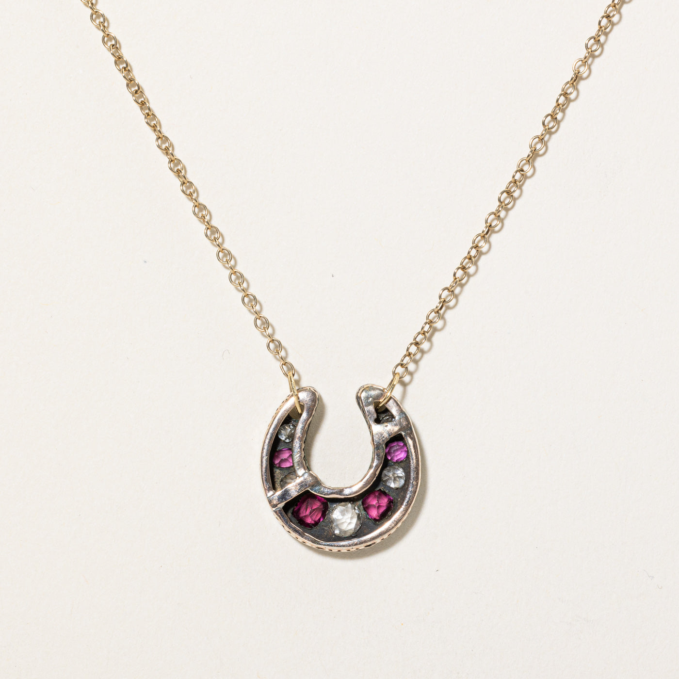 Victorian Ruby, Garnet & Diamond Horseshoe Pendant Necklace | 1.00ctw, 0.47ctw | 20.5"