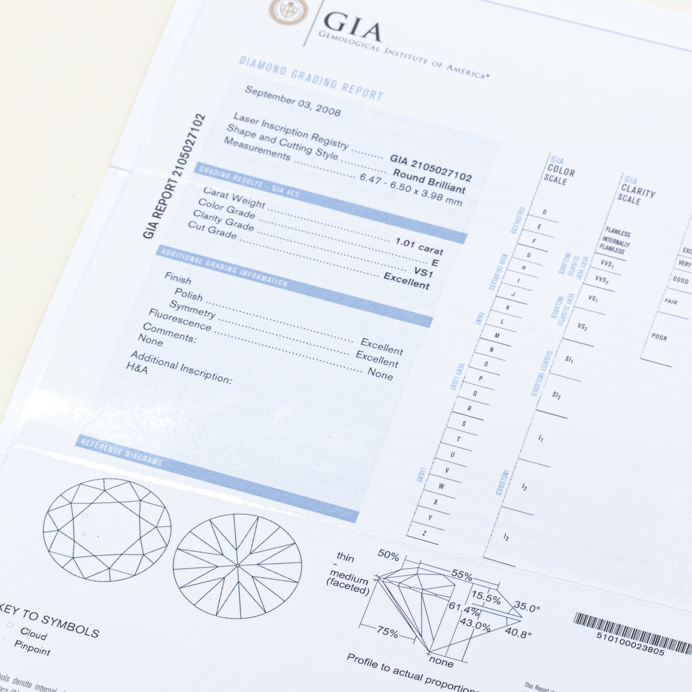 GIA Diamond Solitaire Reverse Tapered Ring | GIA 1.01ct VS1 E Ex | SZ 3.75