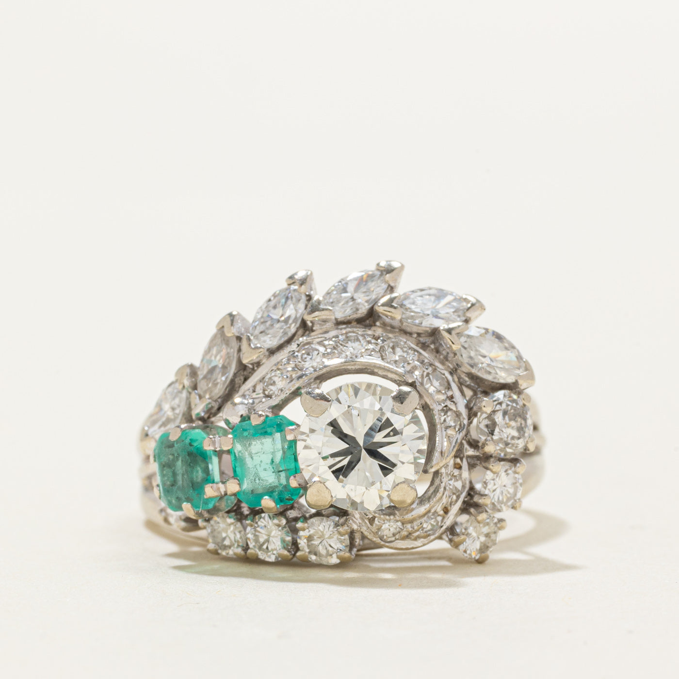Diamond & Colombian Emerald Waterfall Cocktail Ring | 0.90ct, 2.00ctw, 0.58ctw | SZ 7.75