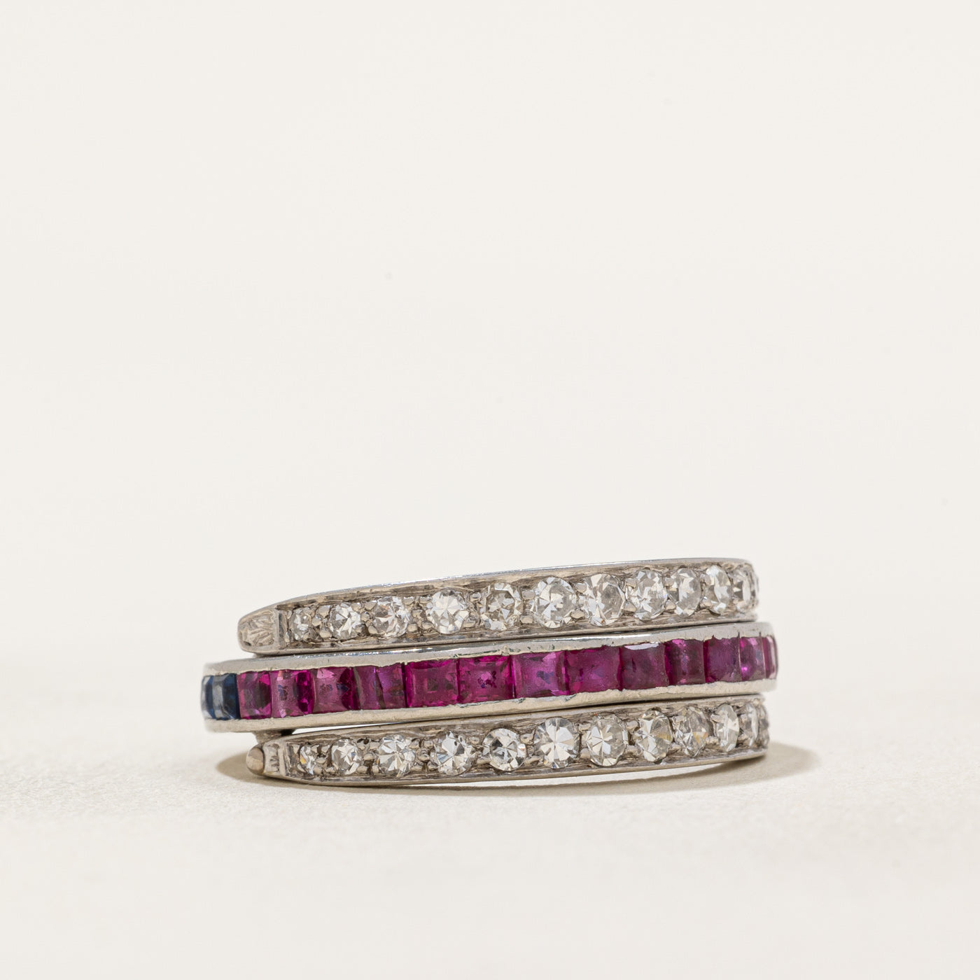 Art Deco Platinum Ruby, Sapphire & Diamond Convertible Ring | 1.55ctw, 0.58ctw | SZ 7