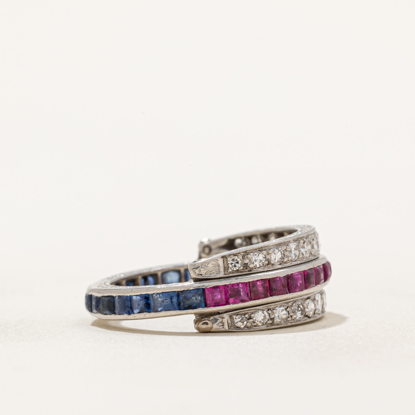 Art Deco Platinum Ruby, Sapphire & Diamond Convertible Ring | 1.55ctw, 0.58ctw | SZ 7