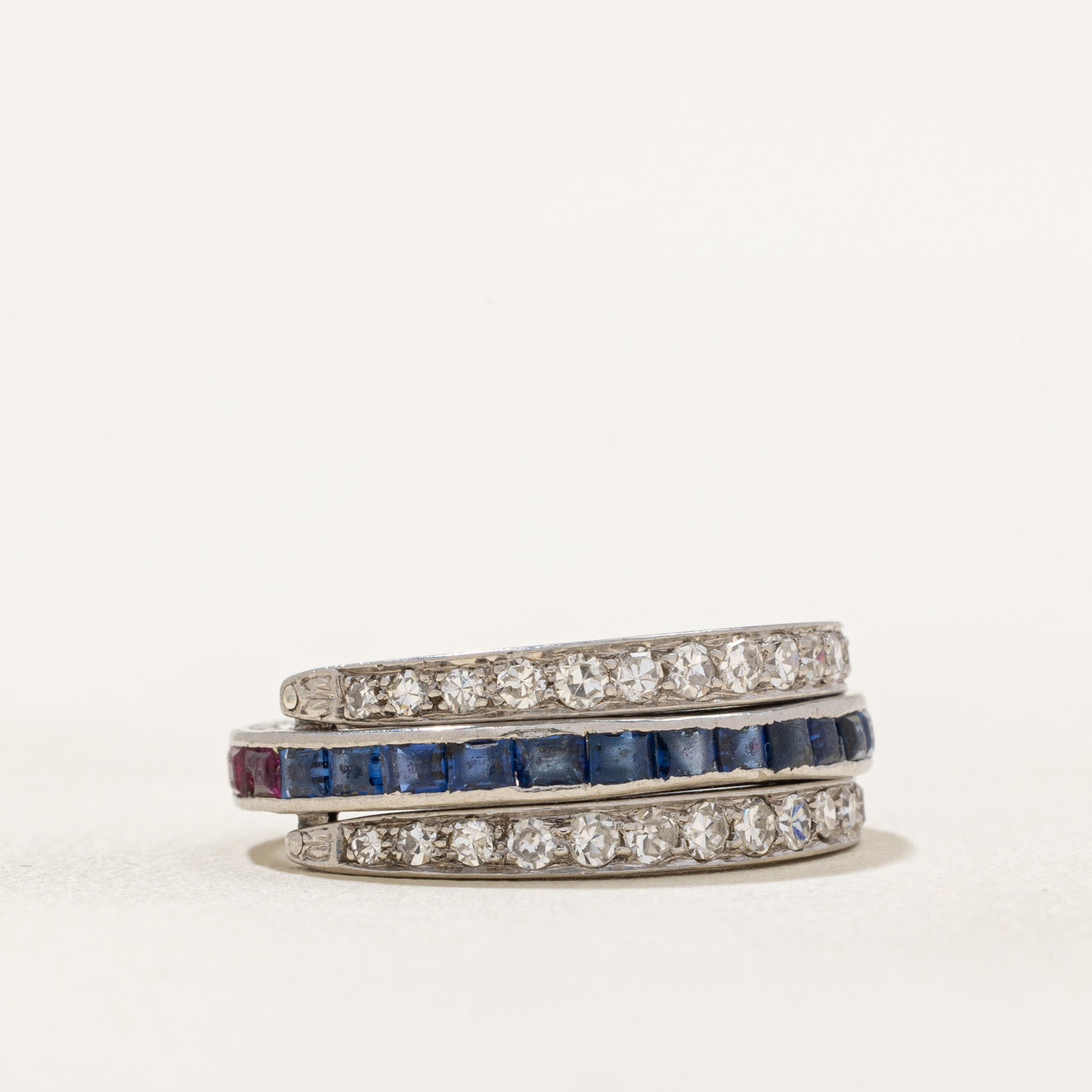 Art Deco Platinum Ruby, Sapphire & Diamond Convertible Ring | 1.55ctw, 0.58ctw | SZ 7