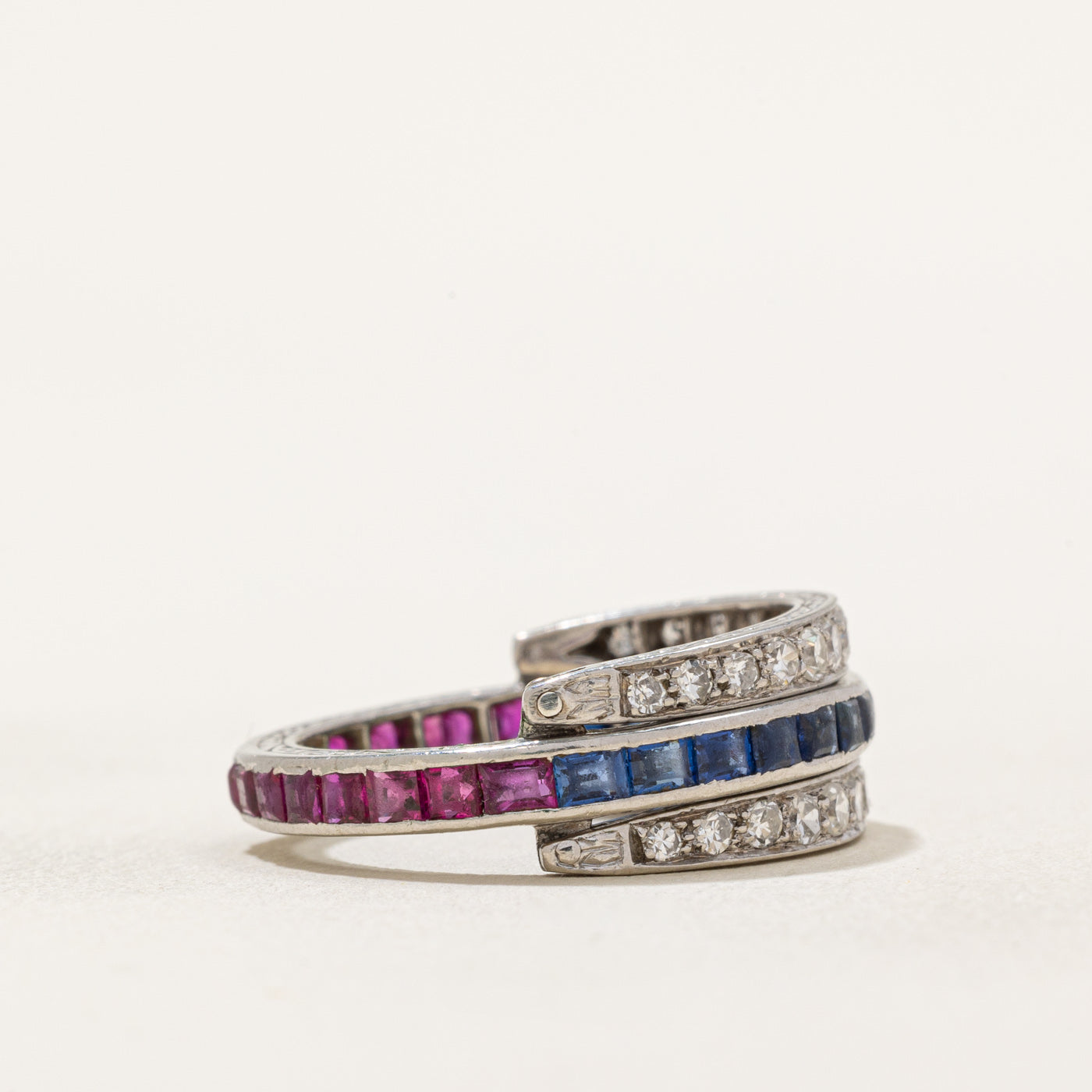 Art Deco Platinum Ruby, Sapphire & Diamond Convertible Ring | 1.55ctw, 0.58ctw | SZ 7