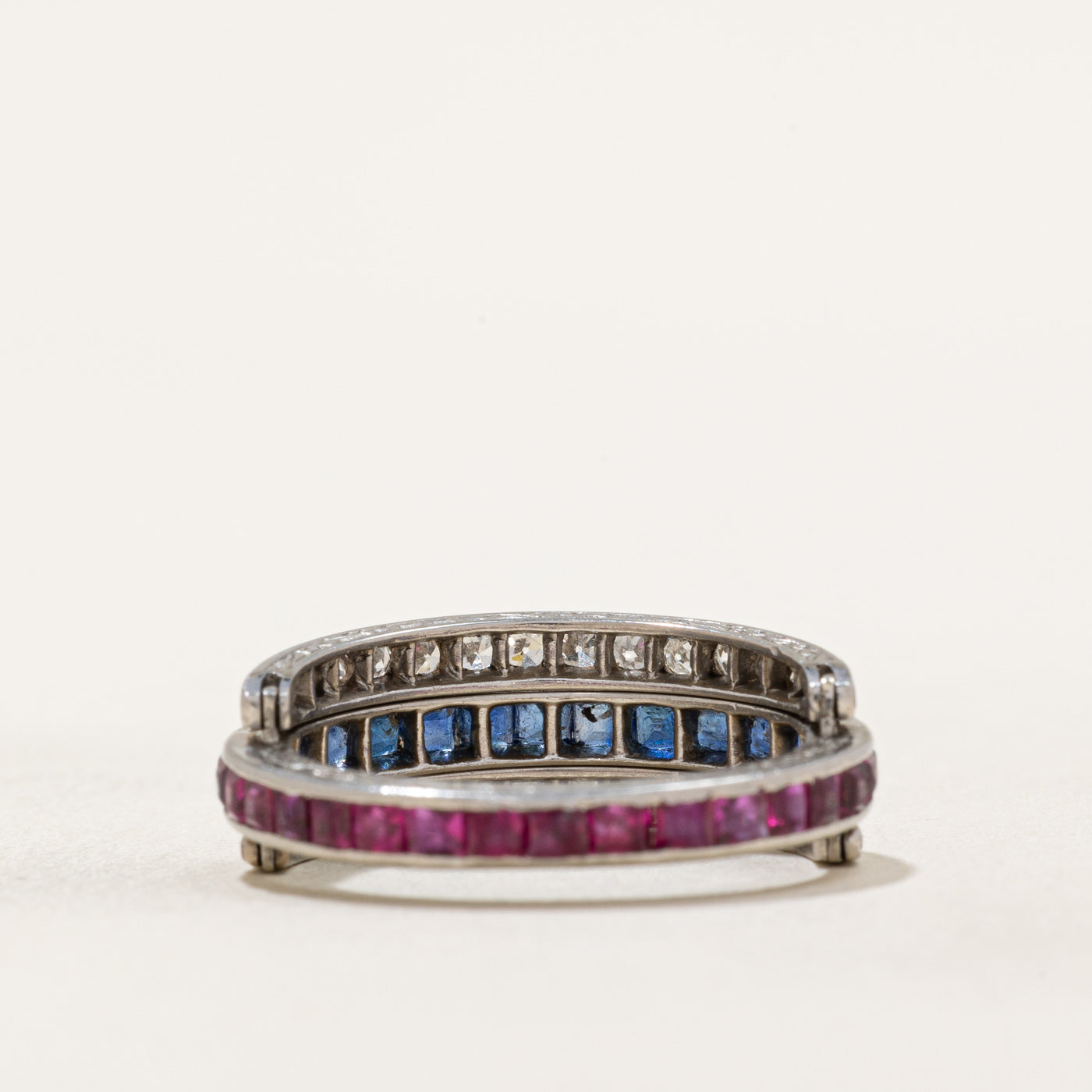 Art Deco Platinum Ruby, Sapphire & Diamond Convertible Ring | 1.55ctw, 0.58ctw | SZ 7
