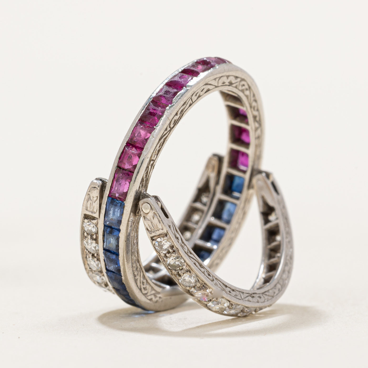 Art Deco Platinum Ruby, Sapphire & Diamond Convertible Ring | 1.55ctw, 0.58ctw | SZ 7