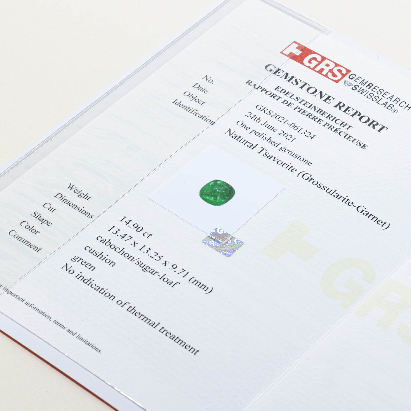 14.90ct GRS Untreated Sugerloaf Tsavorite Garnet & Diamond Ring | GRS 14.90ct | 0.71ctw | SZ 7