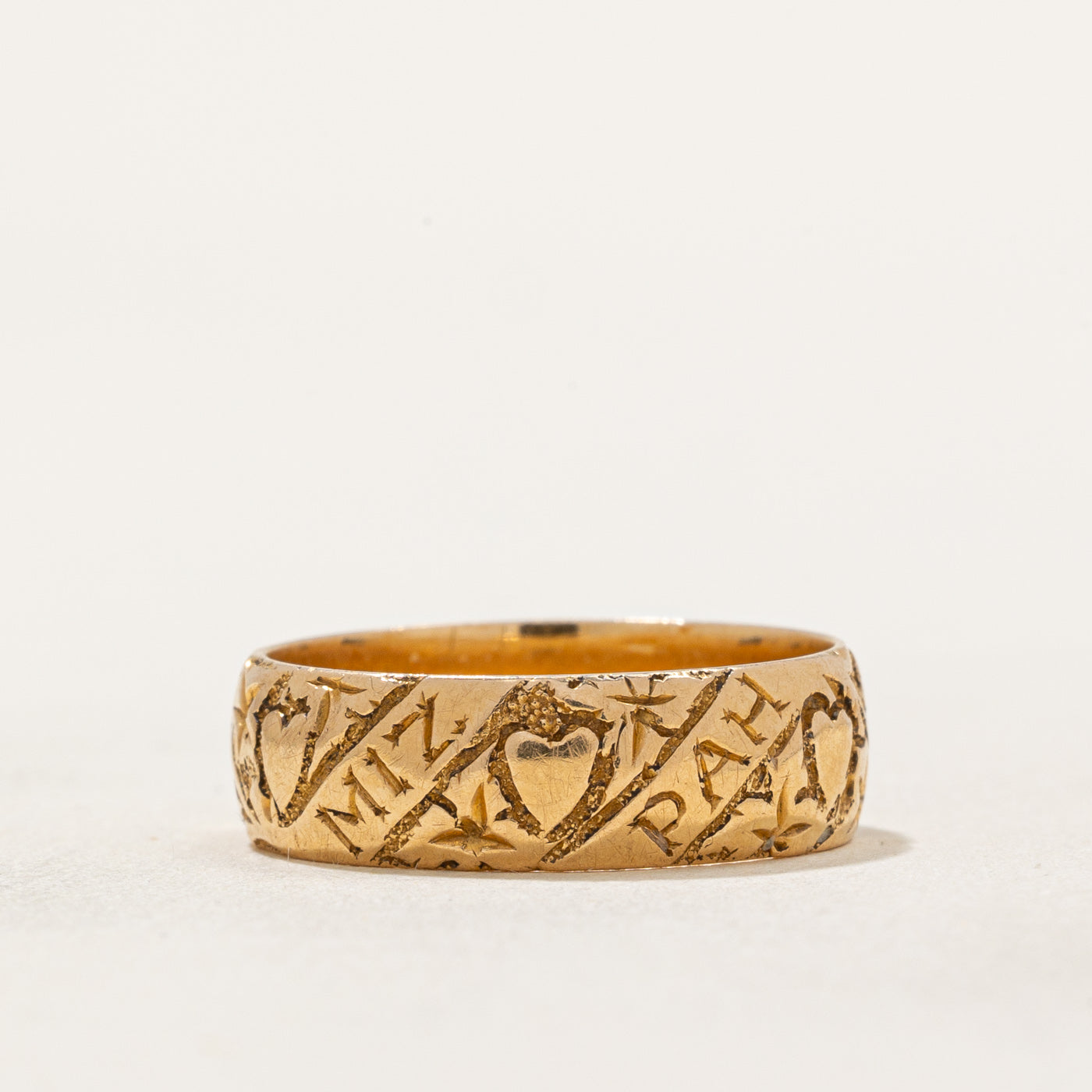 1905 Birmingham 18k Yellow Gold Mizpah Ring with Heart Motif | SZ 6.25