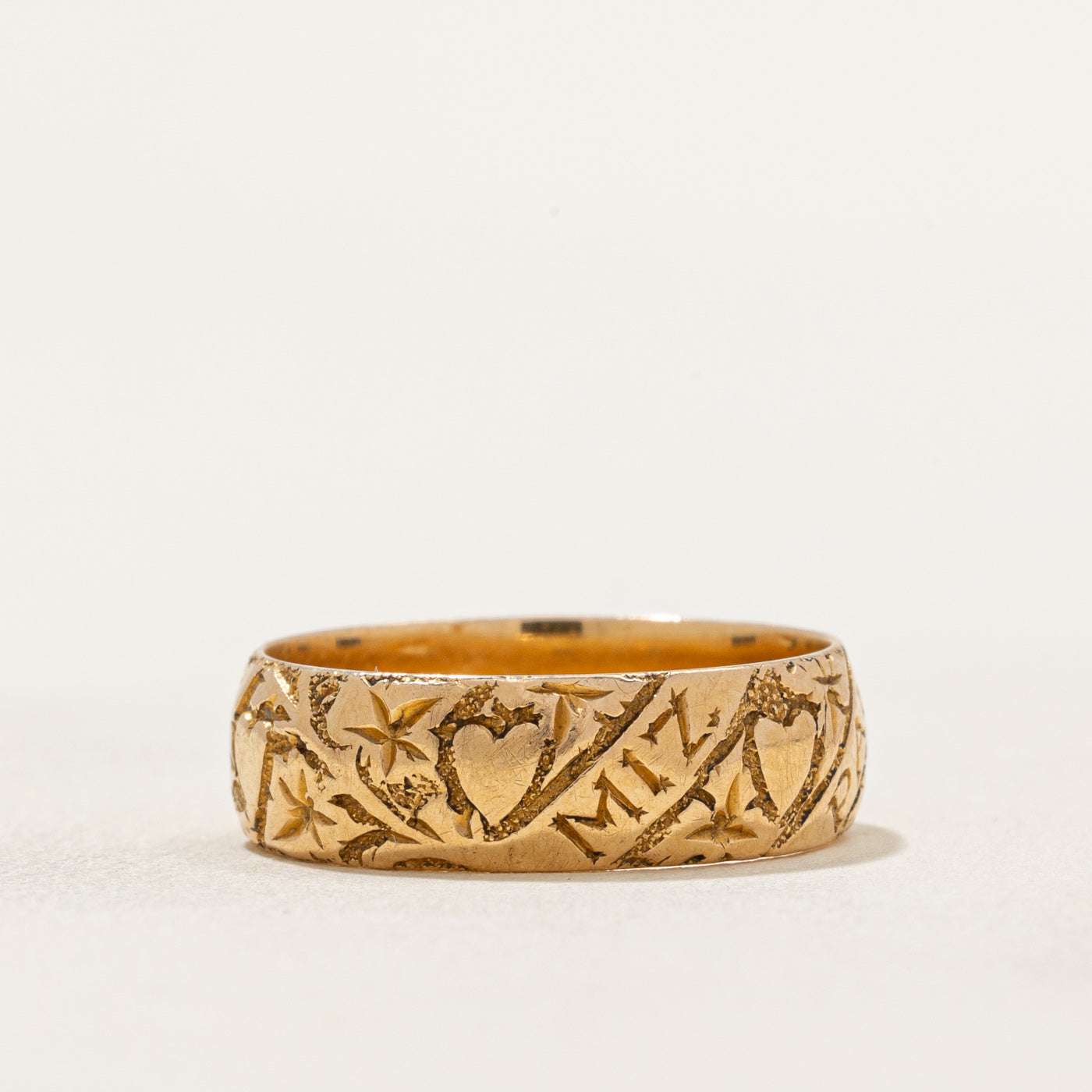 1905 Birmingham 18k Yellow Gold Mizpah Ring with Heart Motif | SZ 6.25