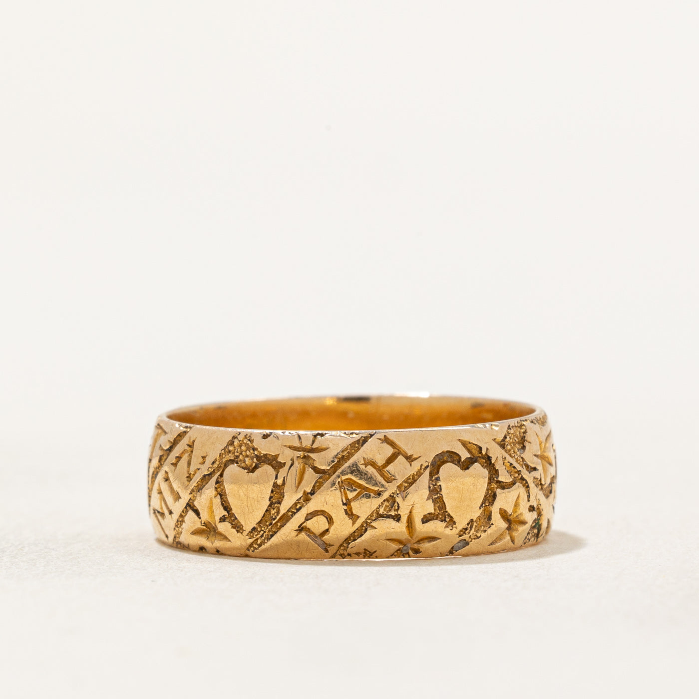 1905 Birmingham 18k Yellow Gold Mizpah Ring with Heart Motif | SZ 6.25