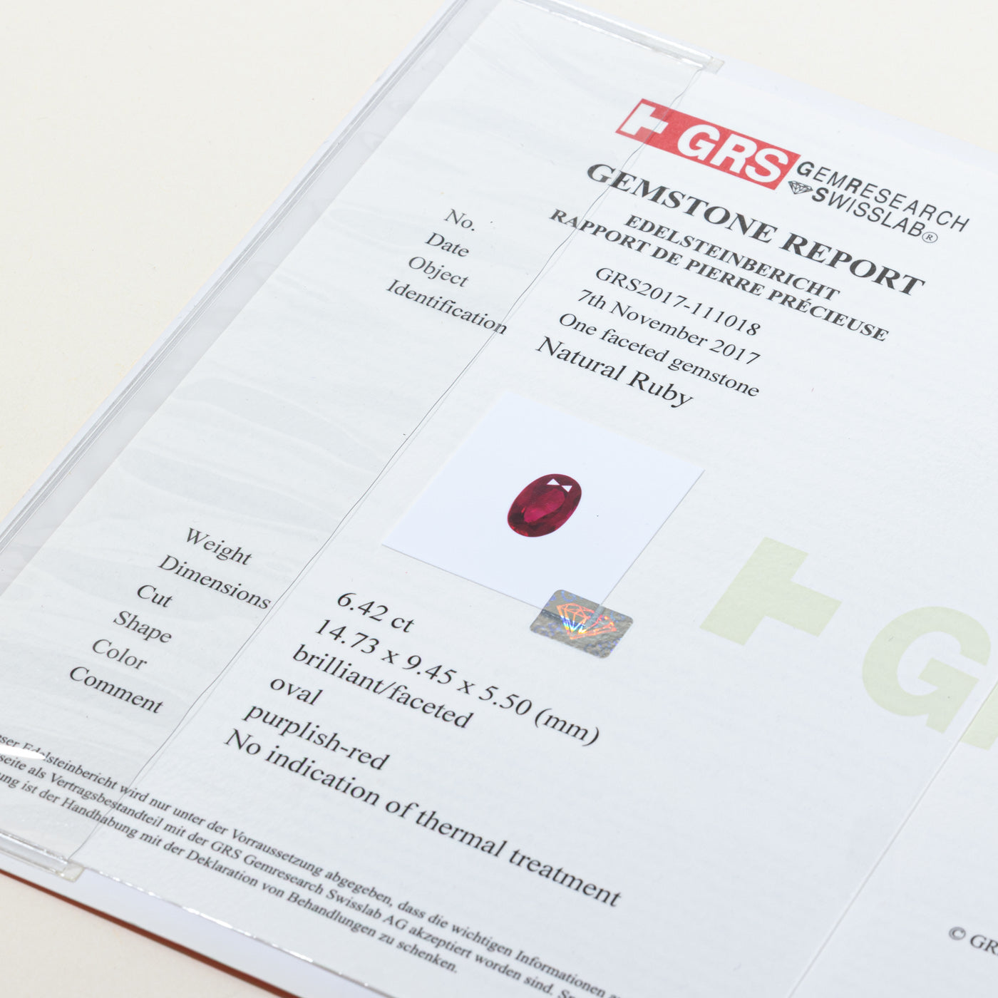 6.42ct GRS Unheated Kashmir Purplish-Red Ruby & Diamond Ring | GRS 6.42ct | 1.30ctw | SZ 6.75