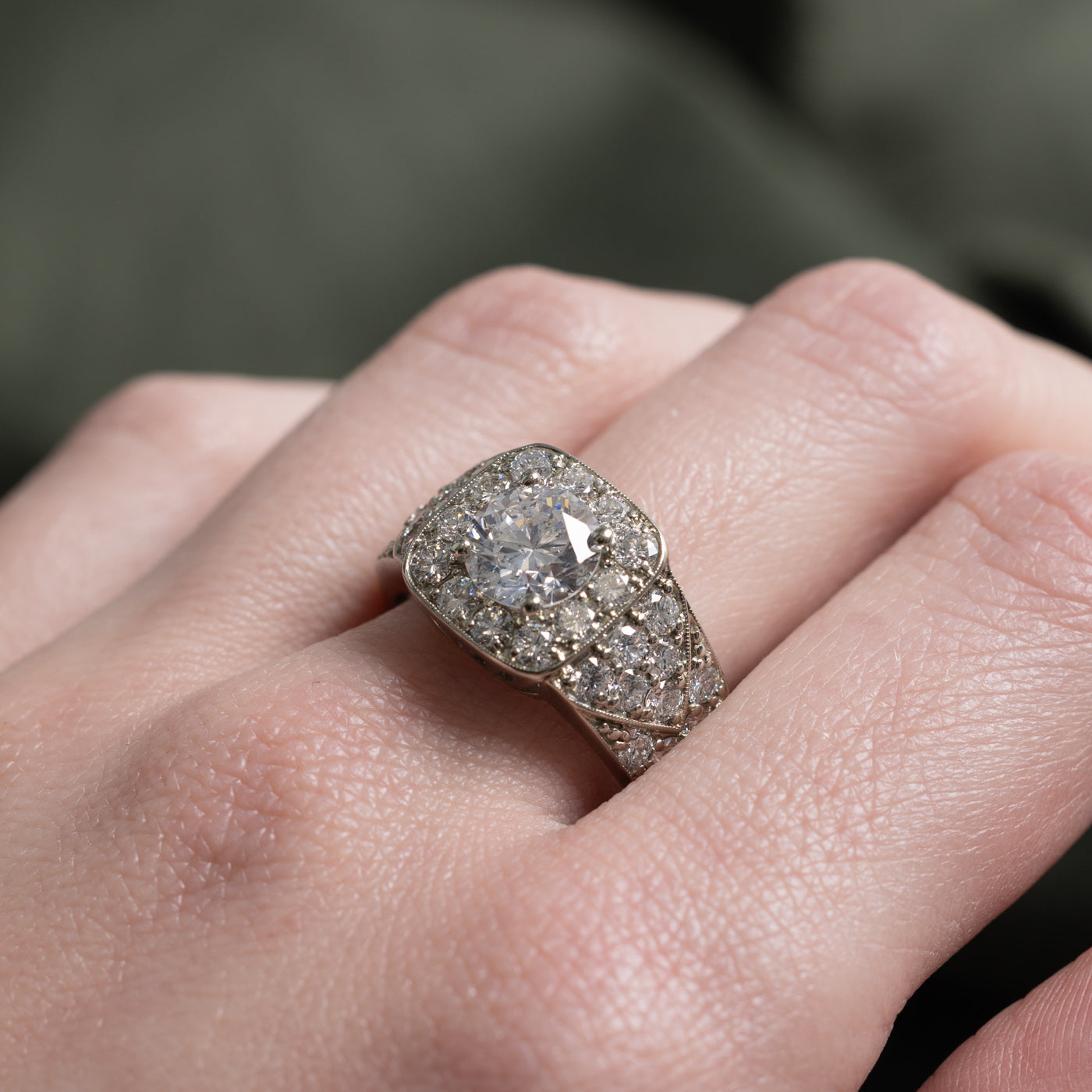 3.34ctw Diamond Halo Ring | 1.68ct SI2 E Ex, 3.34ctw | SZ 8