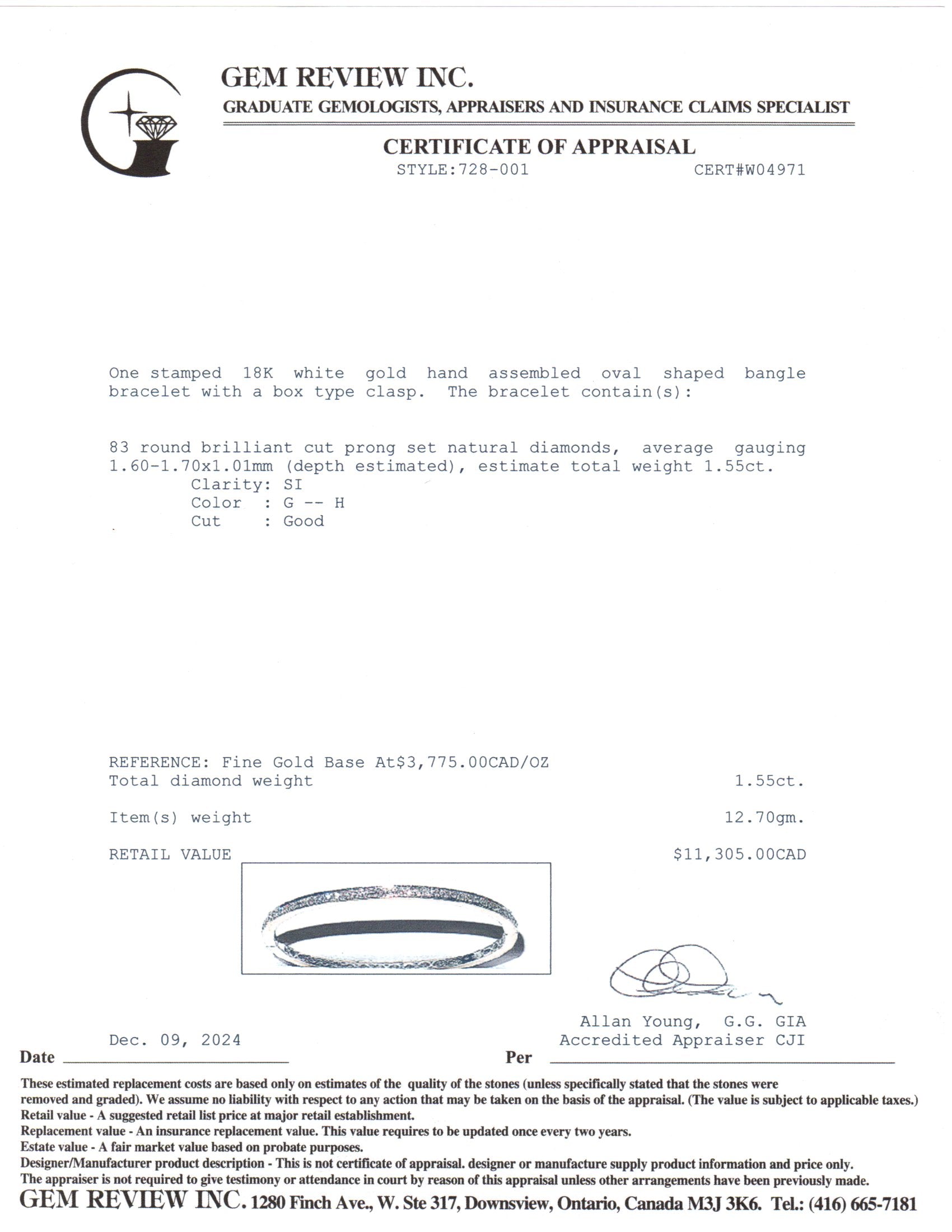 Bracelet jonc ovale en or blanc 18 carats serti de diamants | 1,55 ct au total | 17,8 cm