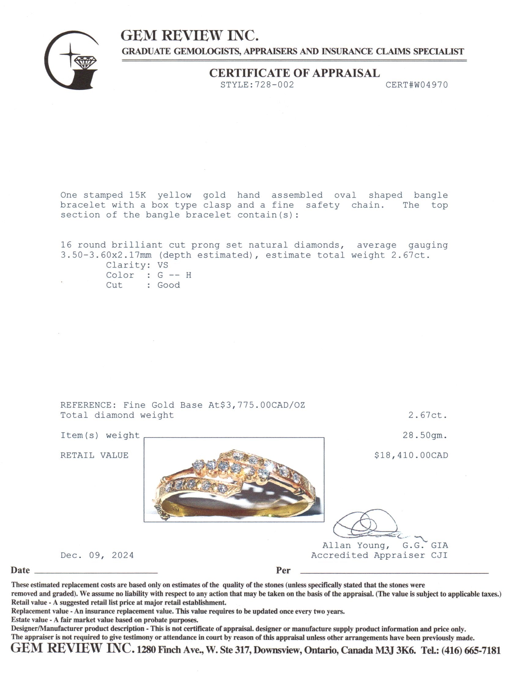 15K Yellow Gold Diamond Oval Shaped Bangle Bracelet | 2.67ctw | 7"