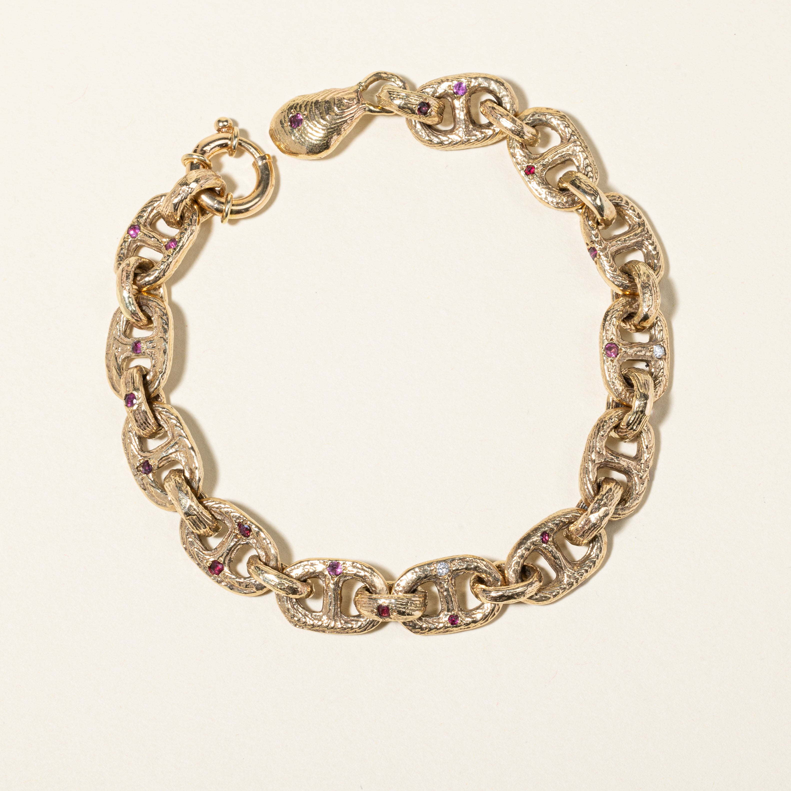 14K Yellow Gold Ruby & Diamond Anchor Chain Bracelet | 0.11ctw, 0.97ctw | 9.5" |