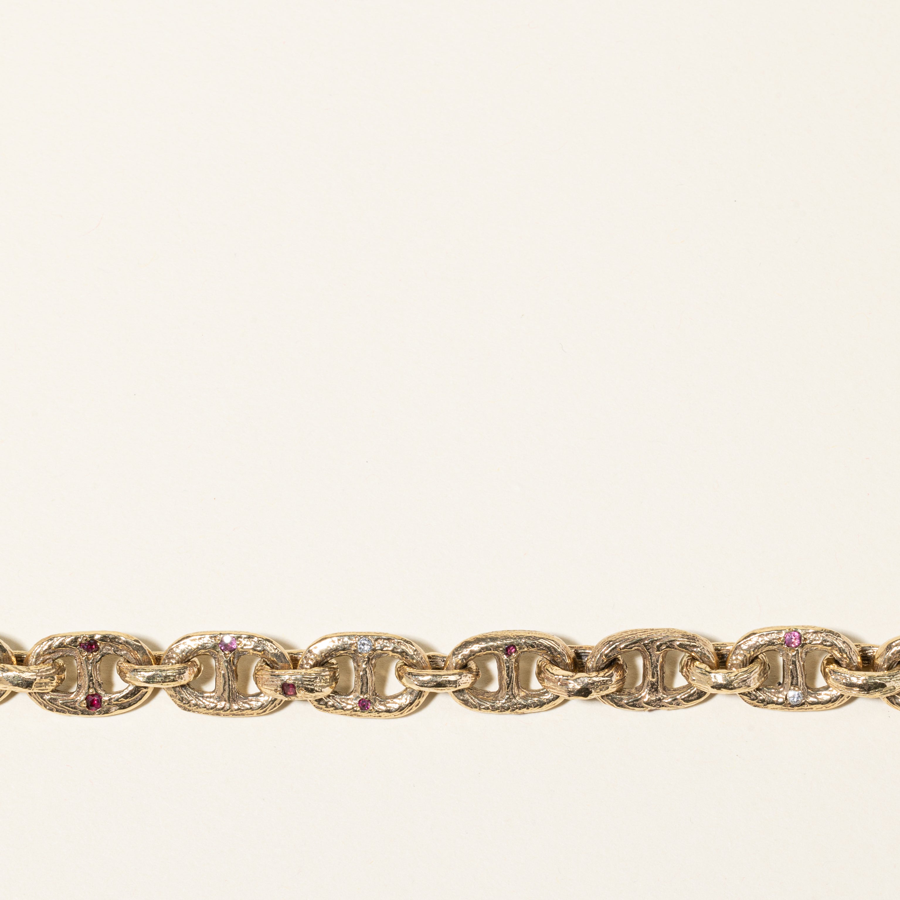 14K Yellow Gold Ruby & Diamond Anchor Chain Bracelet | 0.11ctw, 0.97ctw | 9.5" |