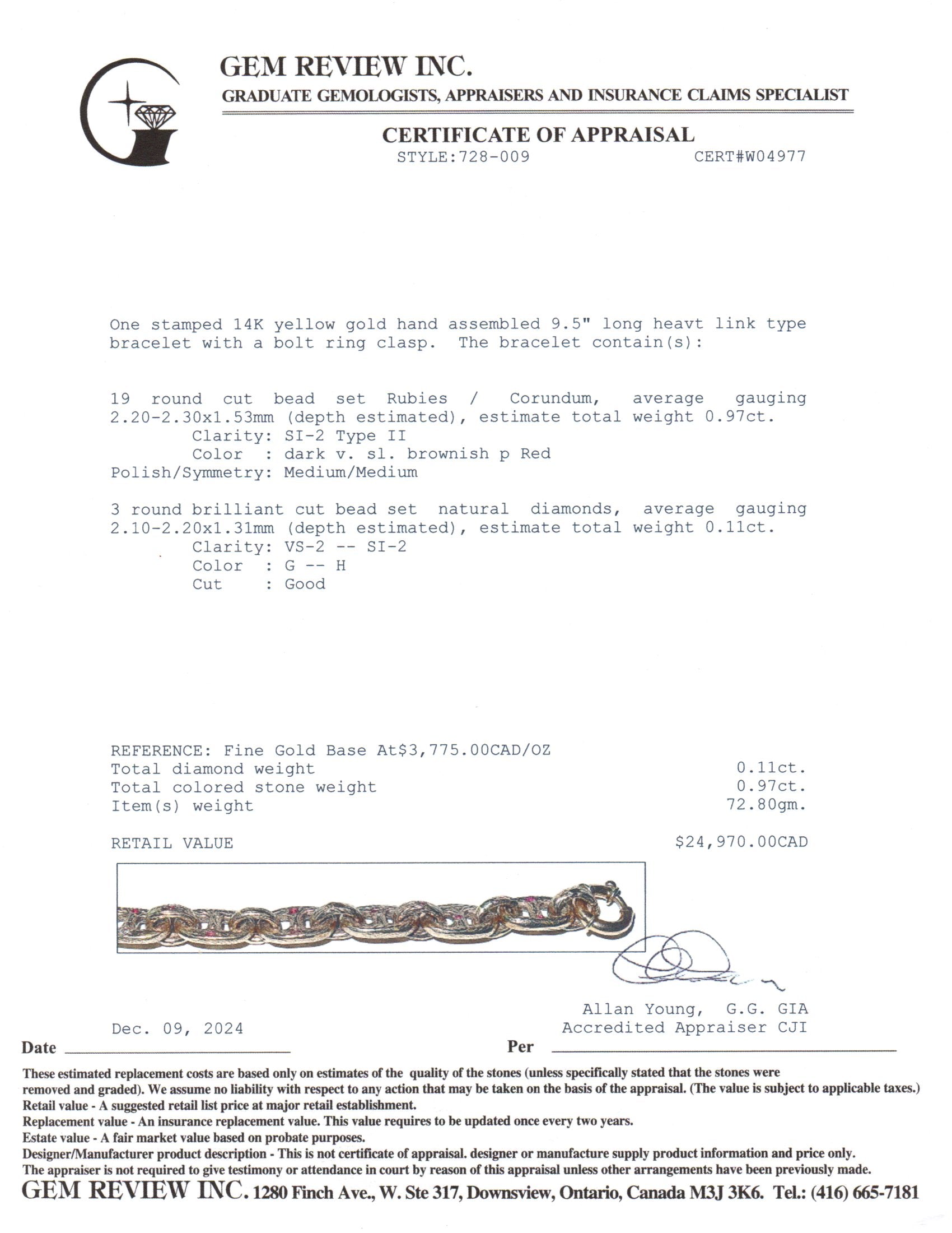 14K Yellow Gold Ruby & Diamond Anchor Chain Bracelet | 0.11ctw, 0.97ctw | 9.5" |