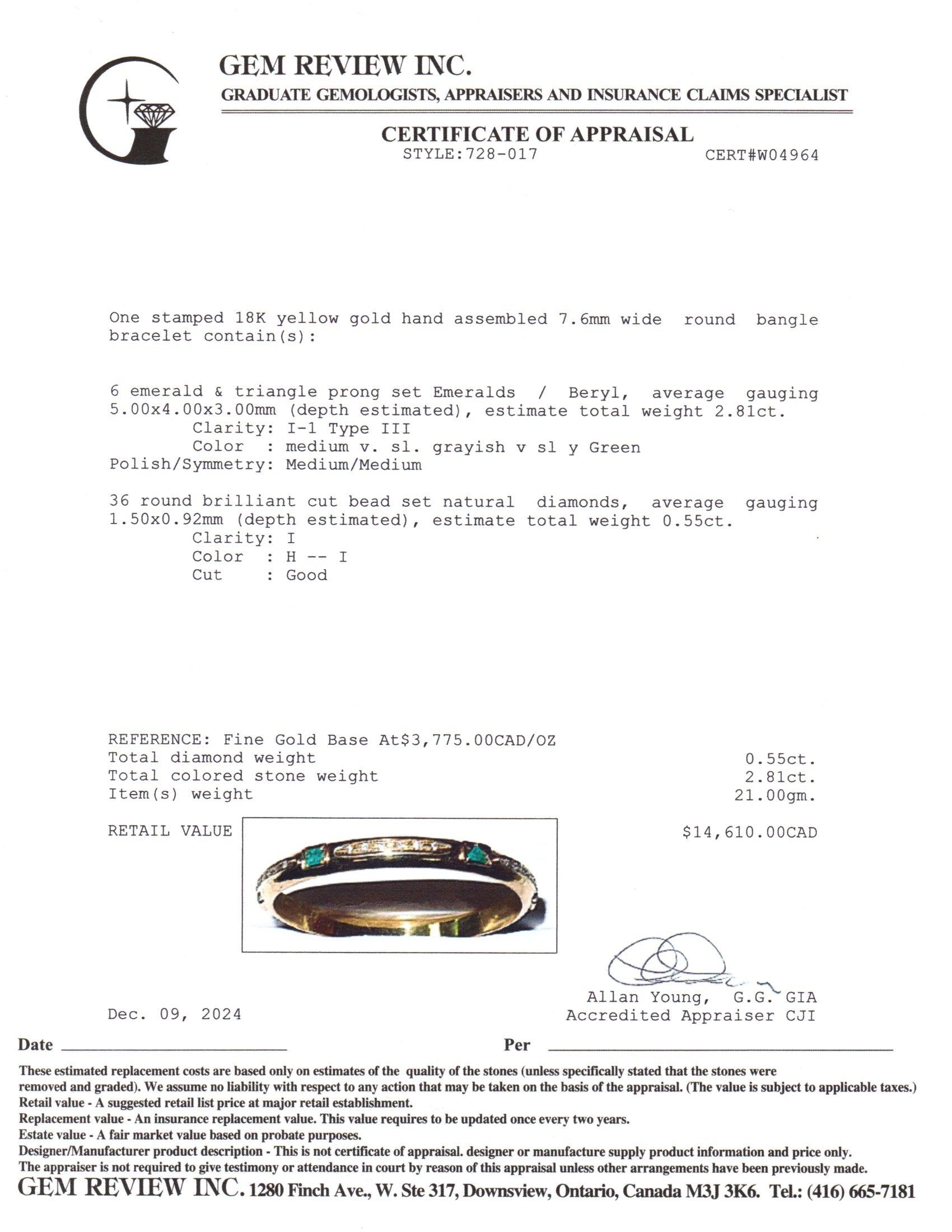 18K Yellow Gold Emerald & Diamond Bangle | 0.55ctw, 2.81ctw | 7.75" |