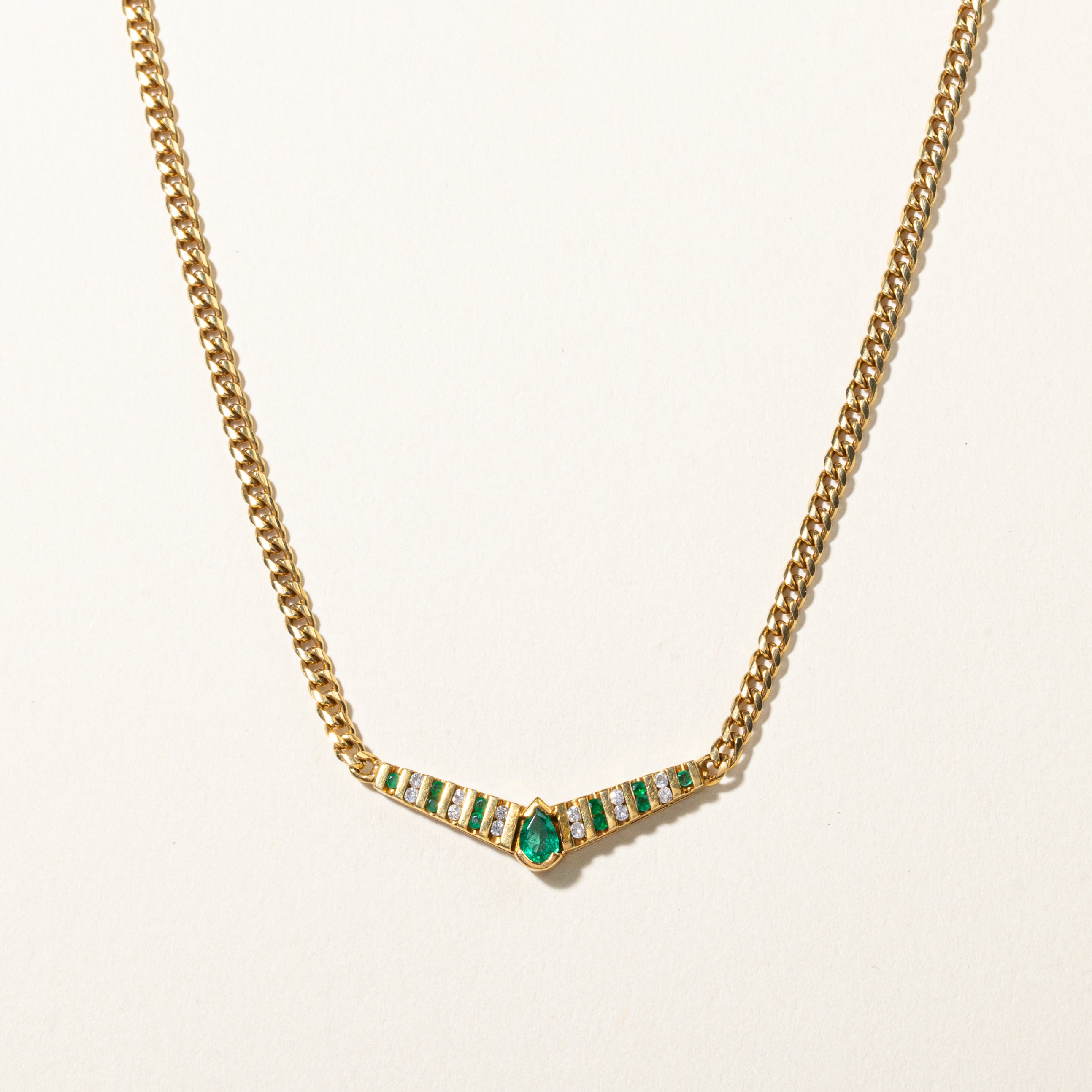 18K Yellow Gold Emerald & Diamond Necklace | 0.38ctw, 0.18ctw | 18.25" |