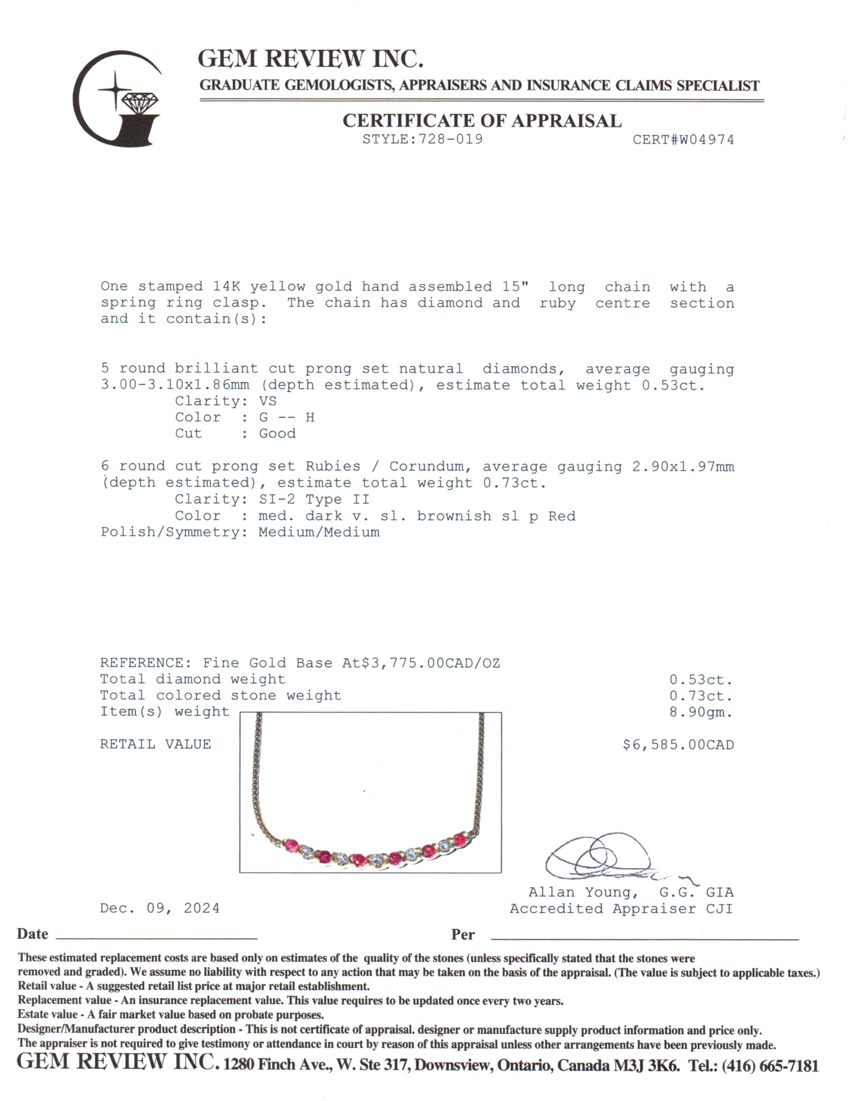 14K Yellow Gold Ruby and Diamond Necklace | 0.73ctw, 0.53ctw | 15" |