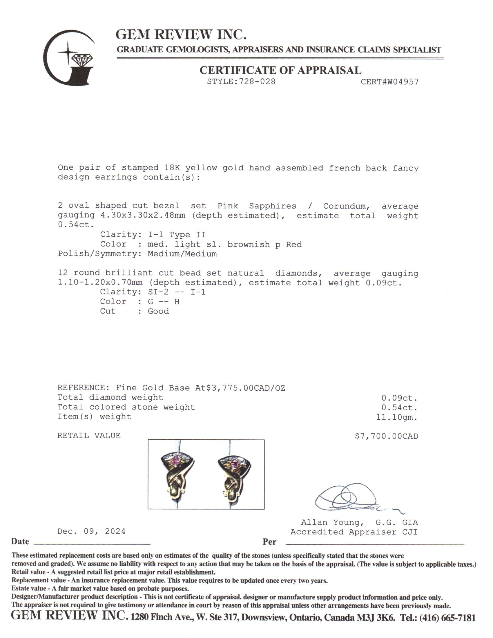 18K Yellow Gold Pink Sapphire & Diamond Earrings | 0.54ctw, 0.09ctw |