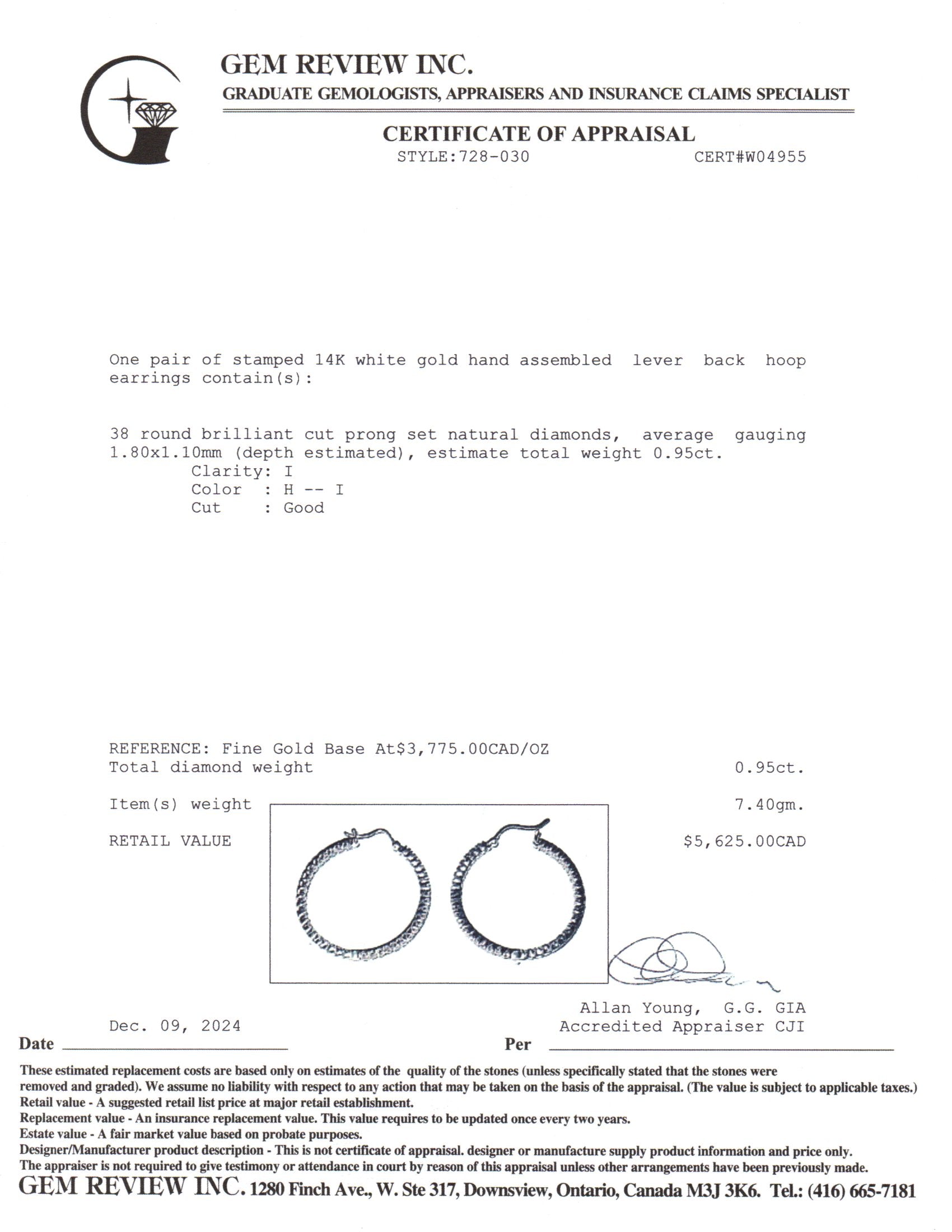 Boucles d'oreilles créoles en or blanc 14 carats et diamants | 0,95 ct au total |
