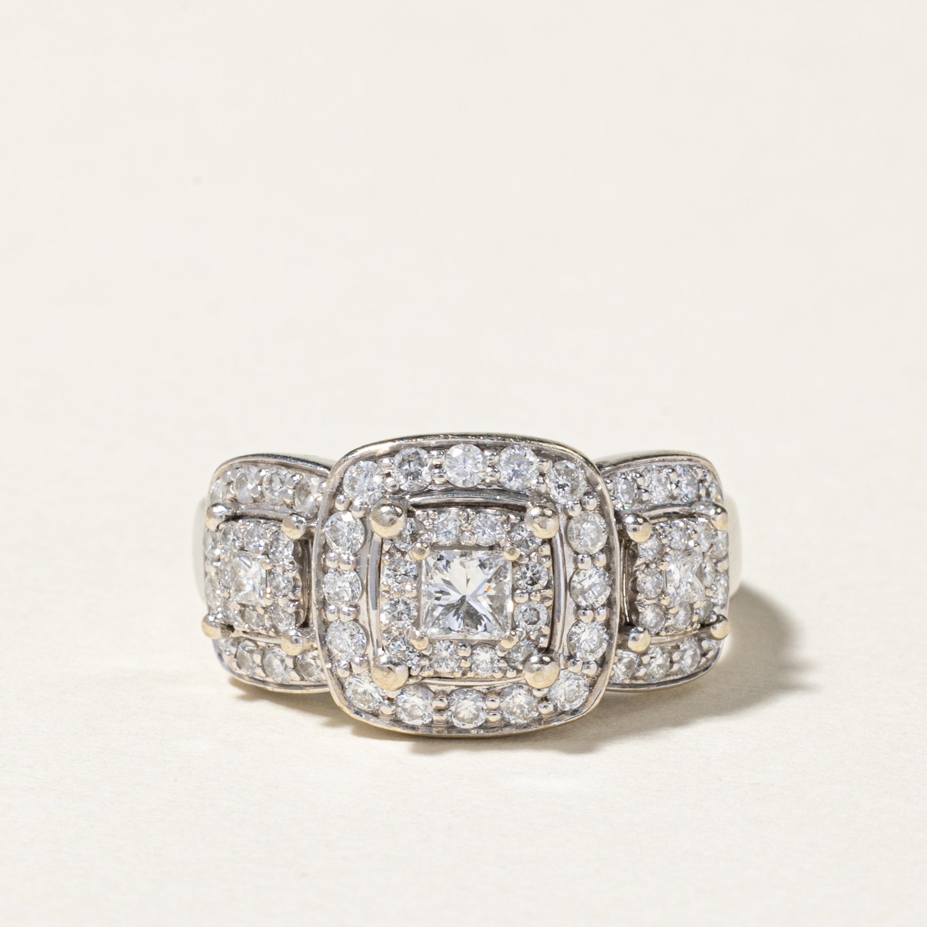 14K Three Stone Diamond Halo Ring | 1.00ctw | SZ 7