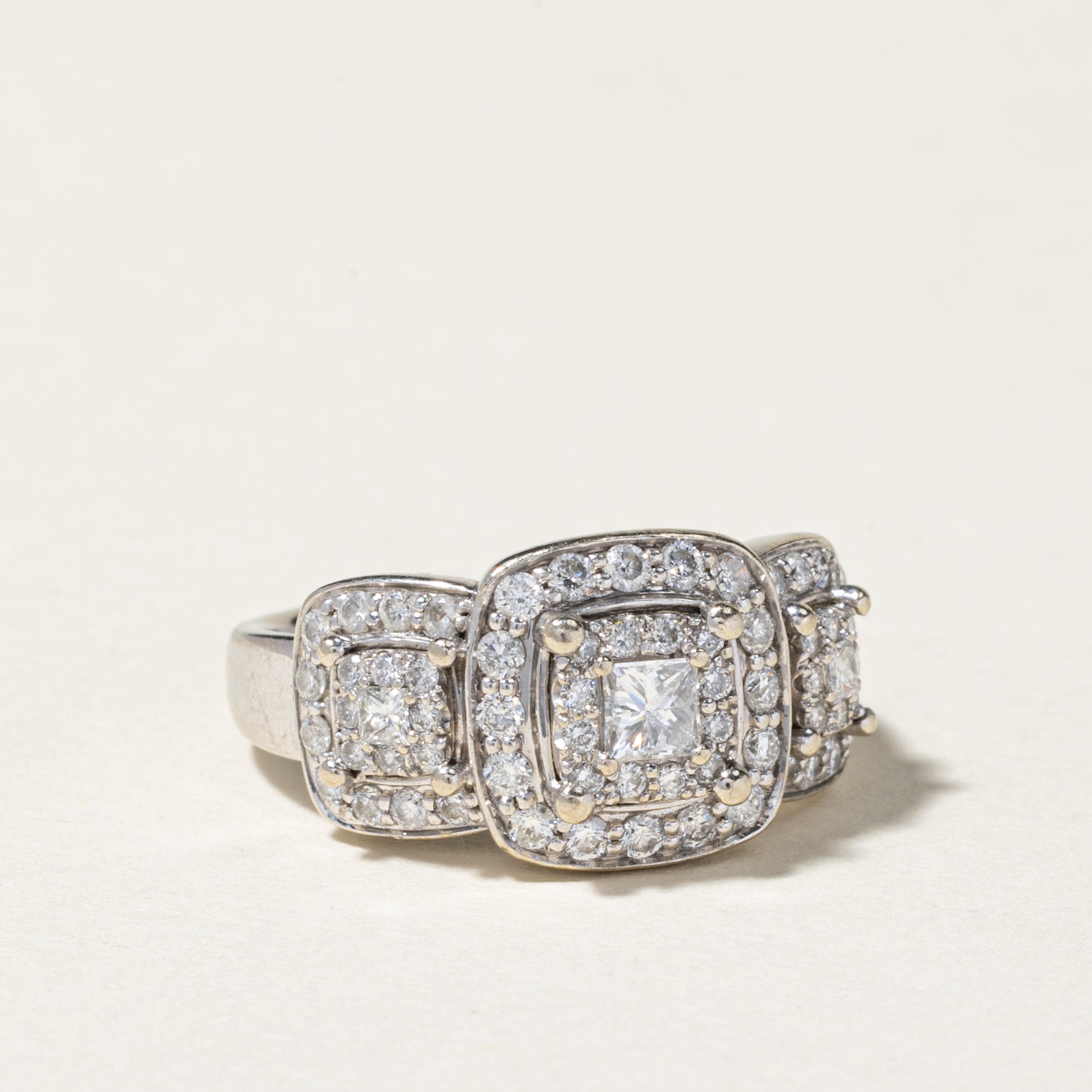 14K Three Stone Diamond Halo Ring | 1.00ctw | SZ 7