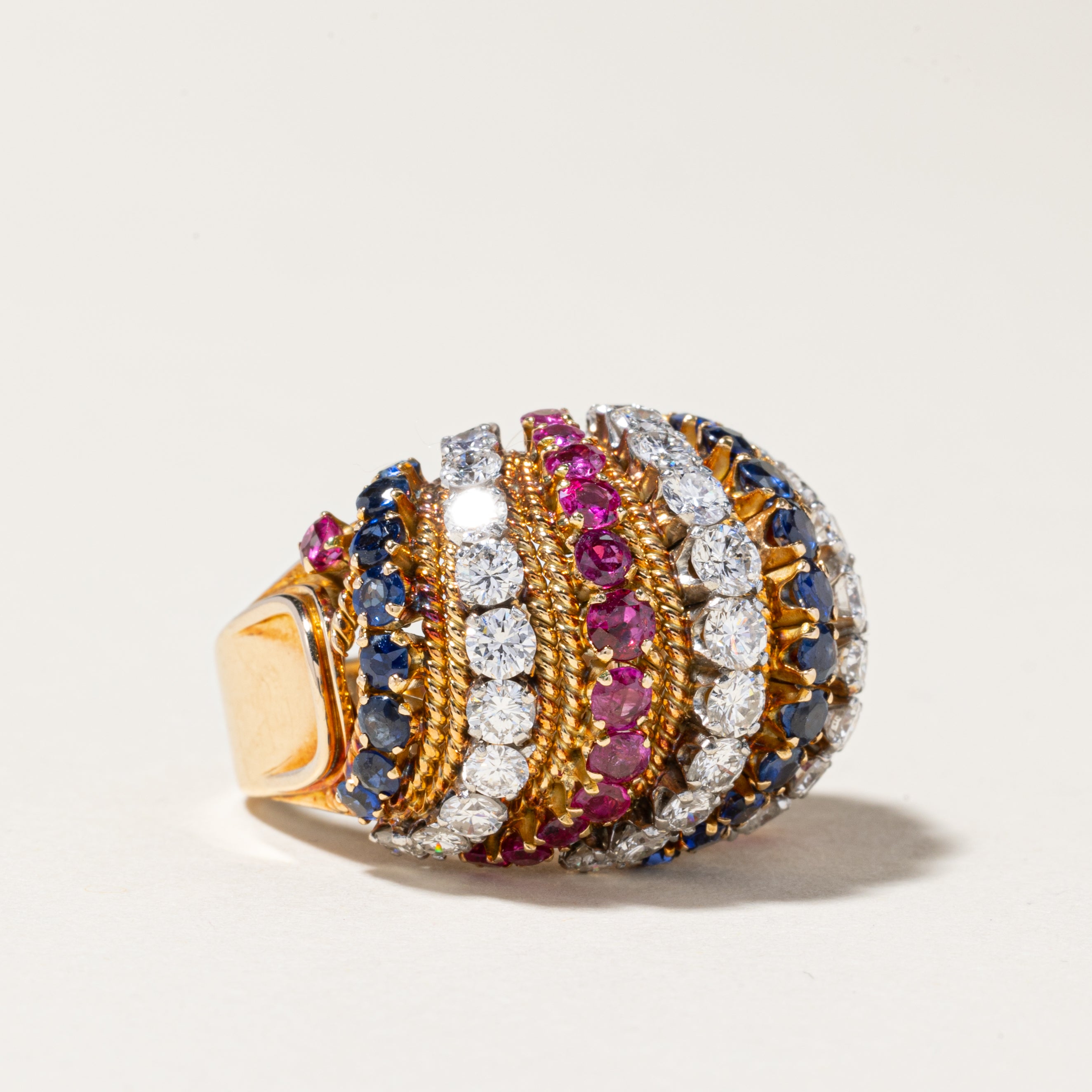 18K Yellow Gold Ruby, Sapphire & Diamond Dome Ring | 1.01ctw, 1.01ctw, 1.60ctw | SZ 5.25