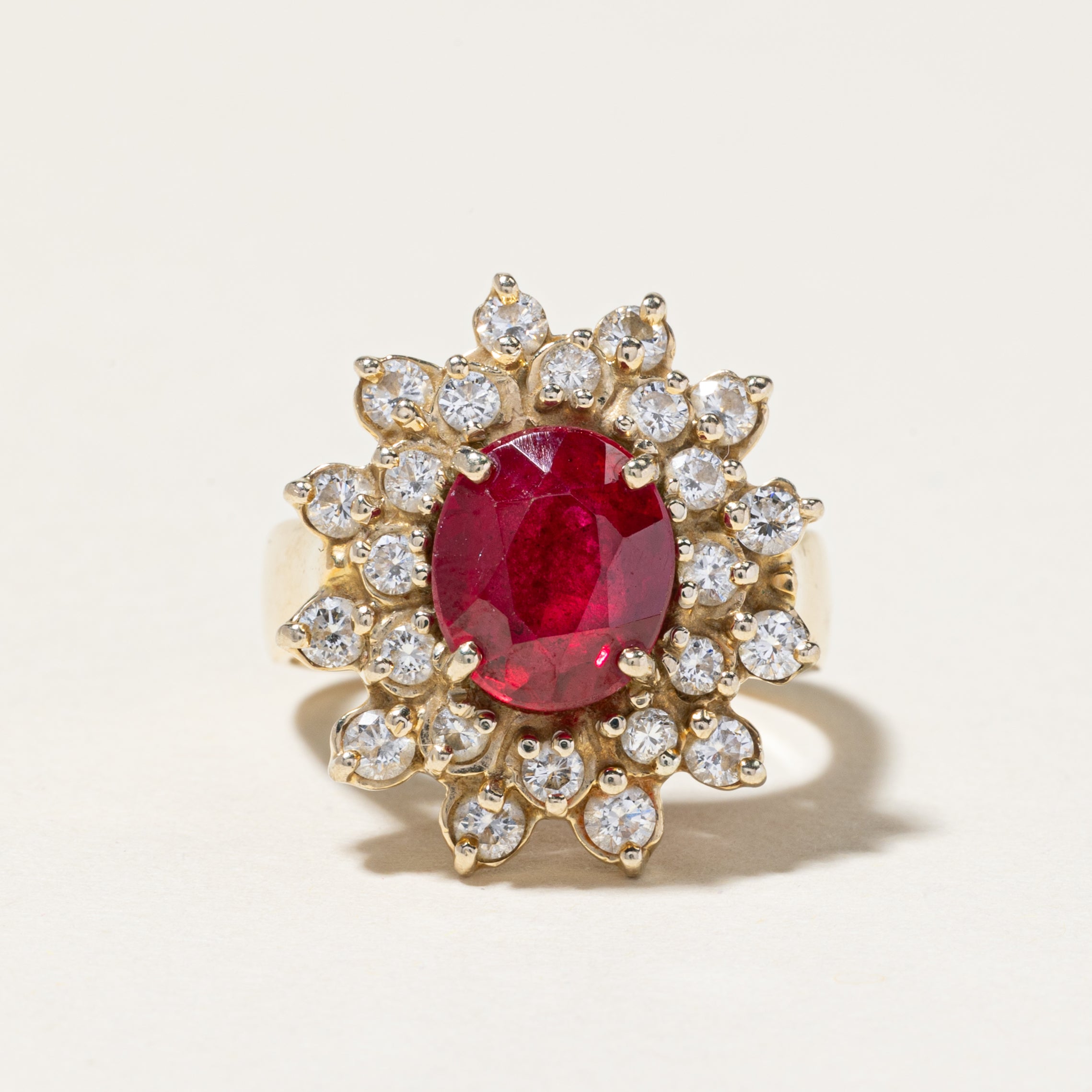 18k Synthetic Ruby & Diamond Halo Ring | 3.00ct, 0.90ctw | SZ 7