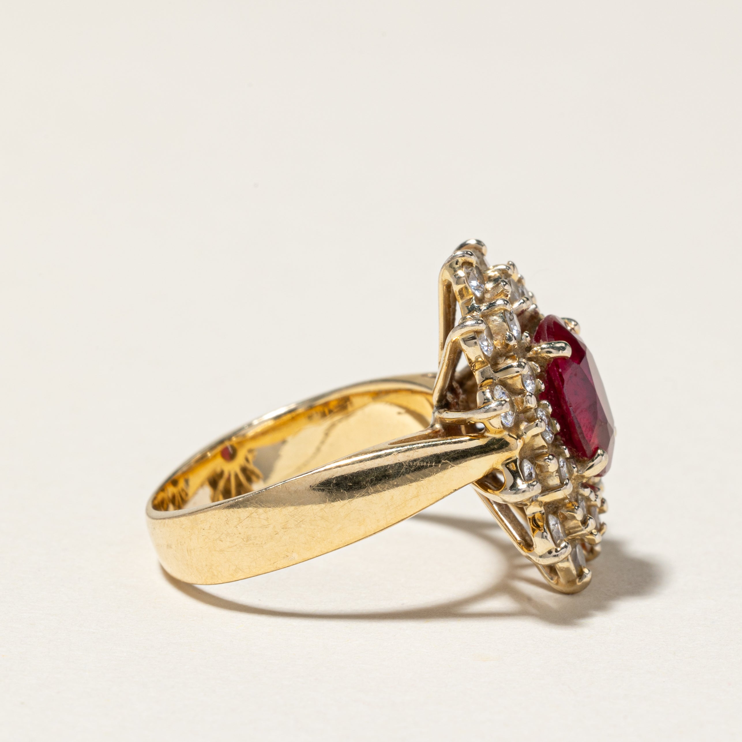 18k Synthetic Ruby & Diamond Halo Ring | 3.00ct, 0.90ctw | SZ 7