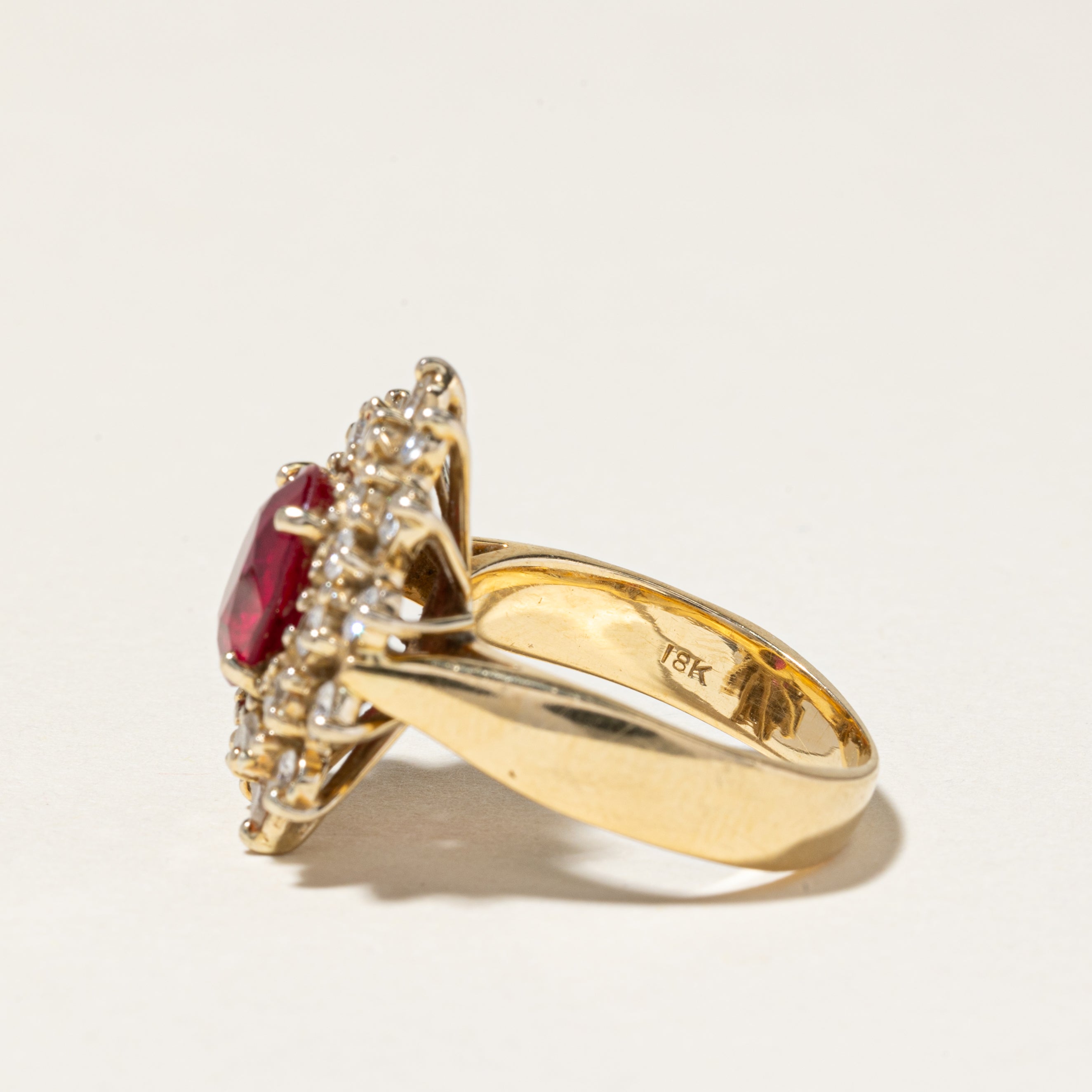 18k Synthetic Ruby & Diamond Halo Ring | 3.00ct, 0.90ctw | SZ 7