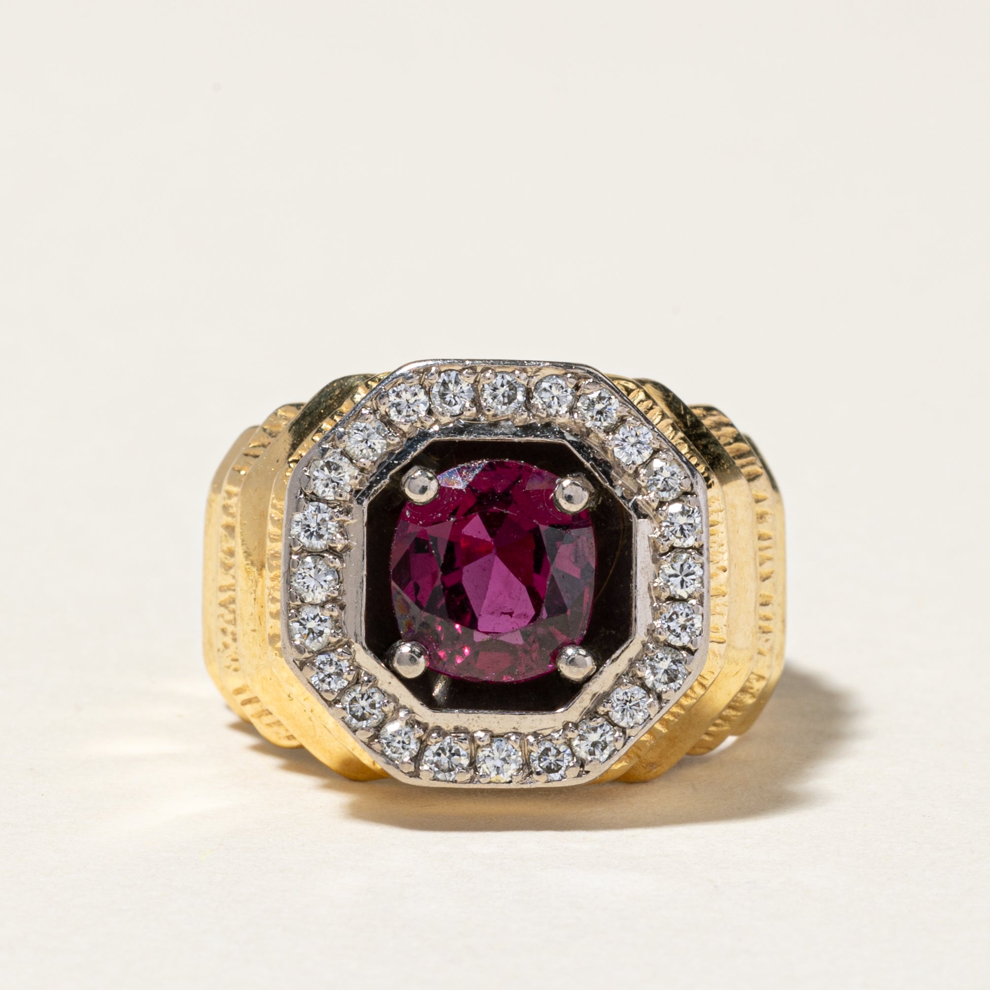18K Yellow Gold Ruby & Diamond Halo Cocktail Ring | 1.80ct, 0.39ctw | SZ 5.75