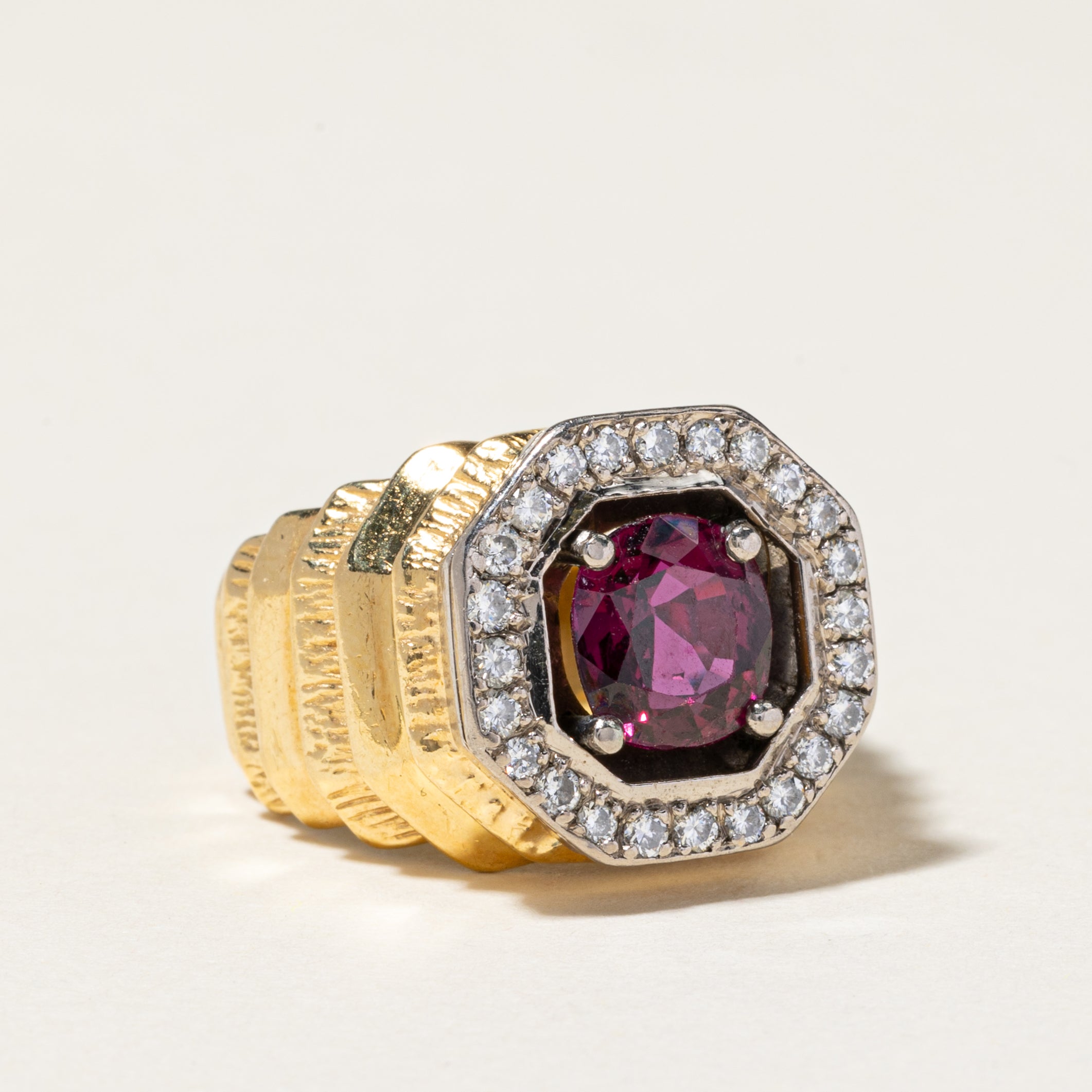 18K Yellow Gold Ruby & Diamond Halo Cocktail Ring | 1.80ct, 0.39ctw | SZ 5.75