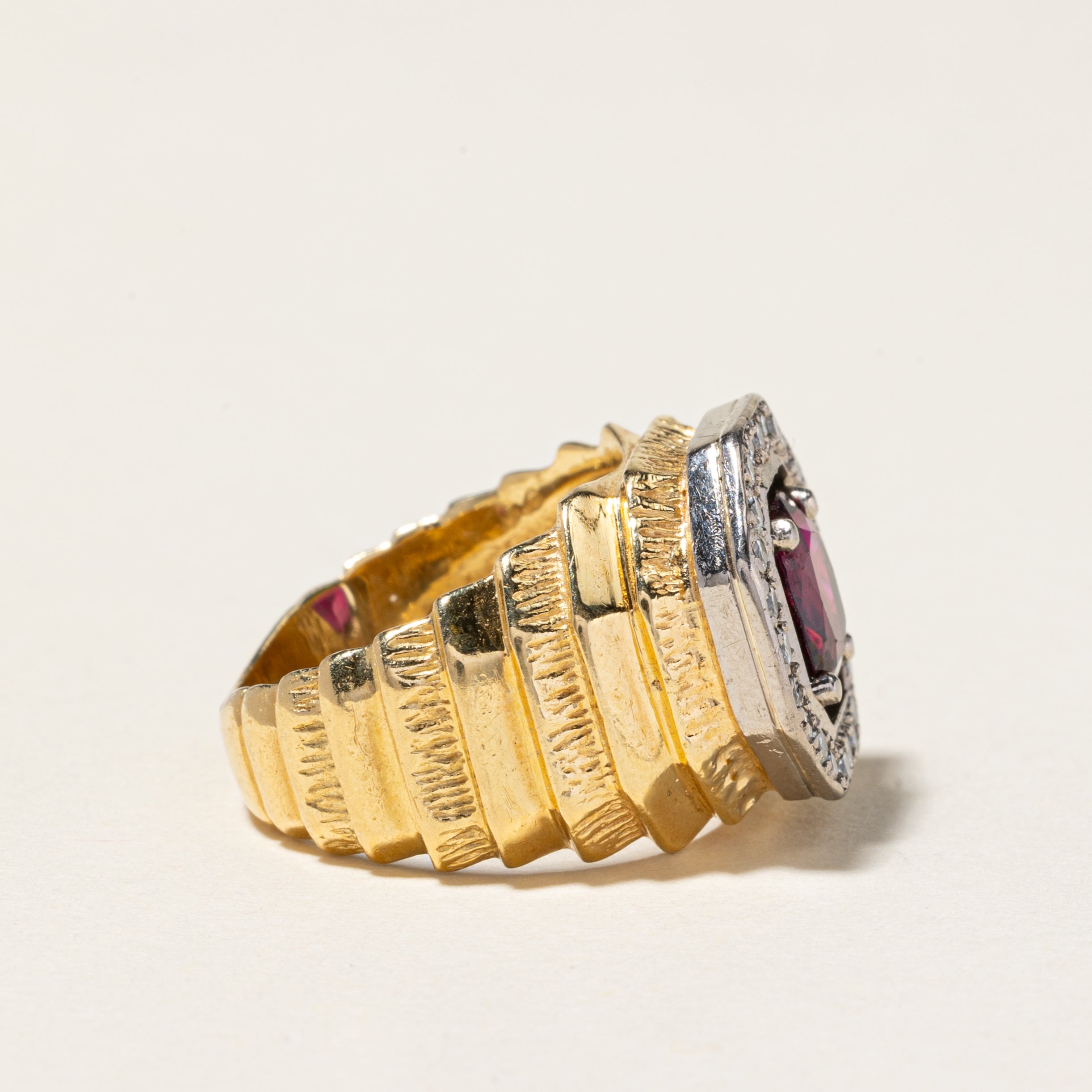 18K Yellow Gold Ruby & Diamond Halo Cocktail Ring | 1.80ct, 0.39ctw | SZ 5.75